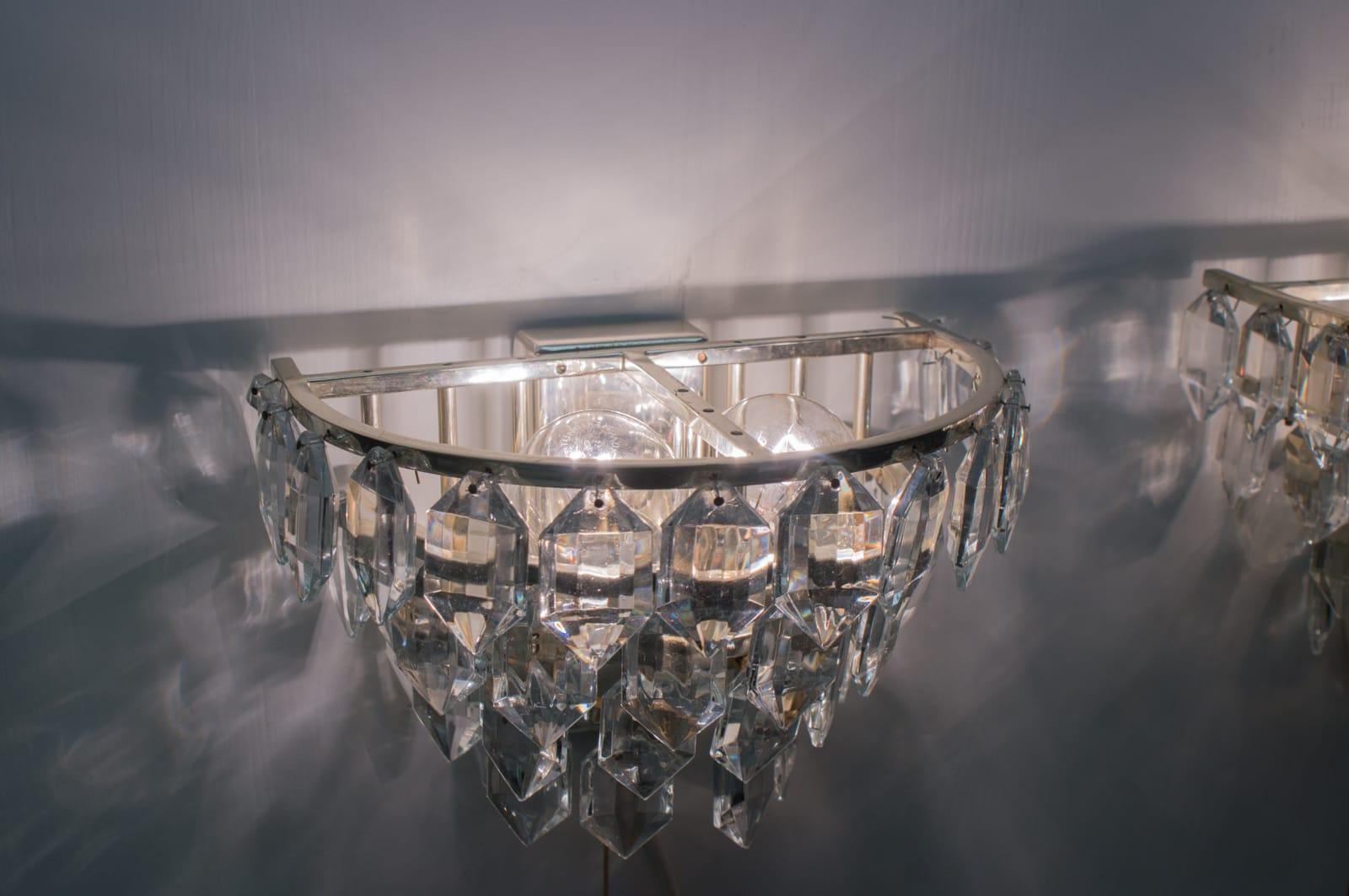 Pair of Bakalowits Nickel Plated Crystal Chandelier Glass Wall Light, 1960s For Sale 2