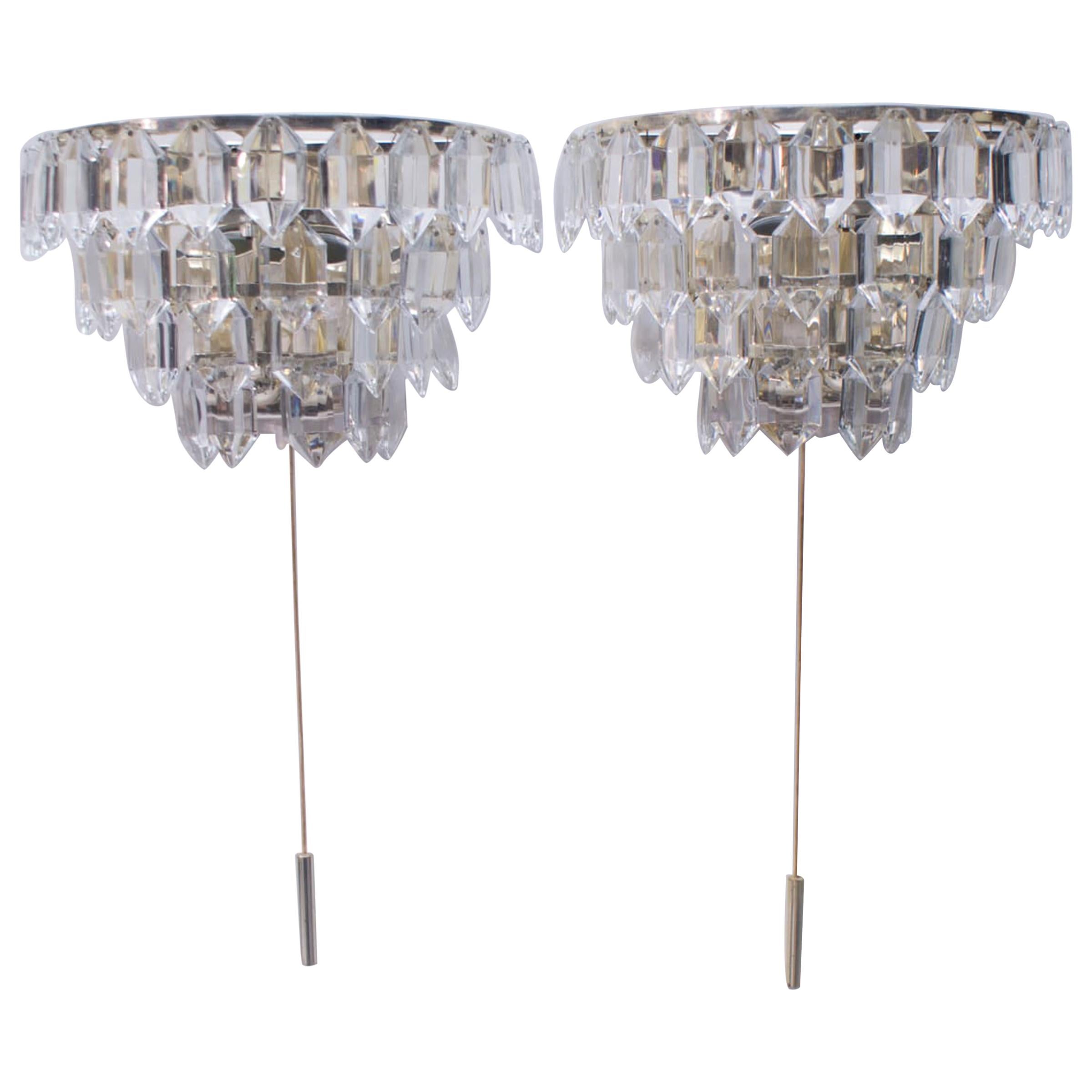 Pair of Bakalowits Nickel Plated Crystal Chandelier Glass Wall Light, 1960s For Sale
