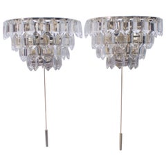 Pair of Bakalowits Nickel Plated Crystal Chandelier Glass Wall Light, 1960s