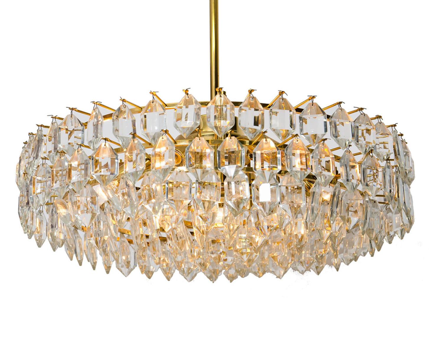 Pair of Bakalowits & Sohne Chandeliers, Brass and Crystal Glass, Austria, 1960s For Sale 1