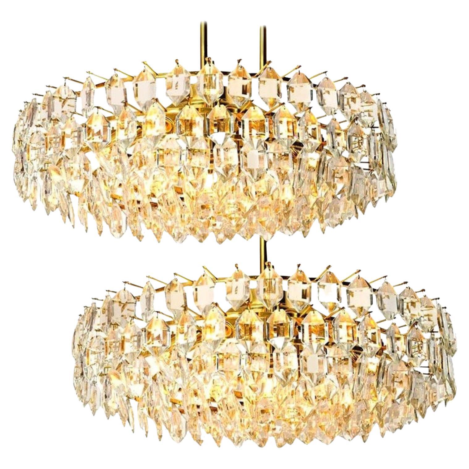Pair of Bakalowits & Sohne Chandeliers, Brass and Crystal Glass, Austria, 1960s For Sale