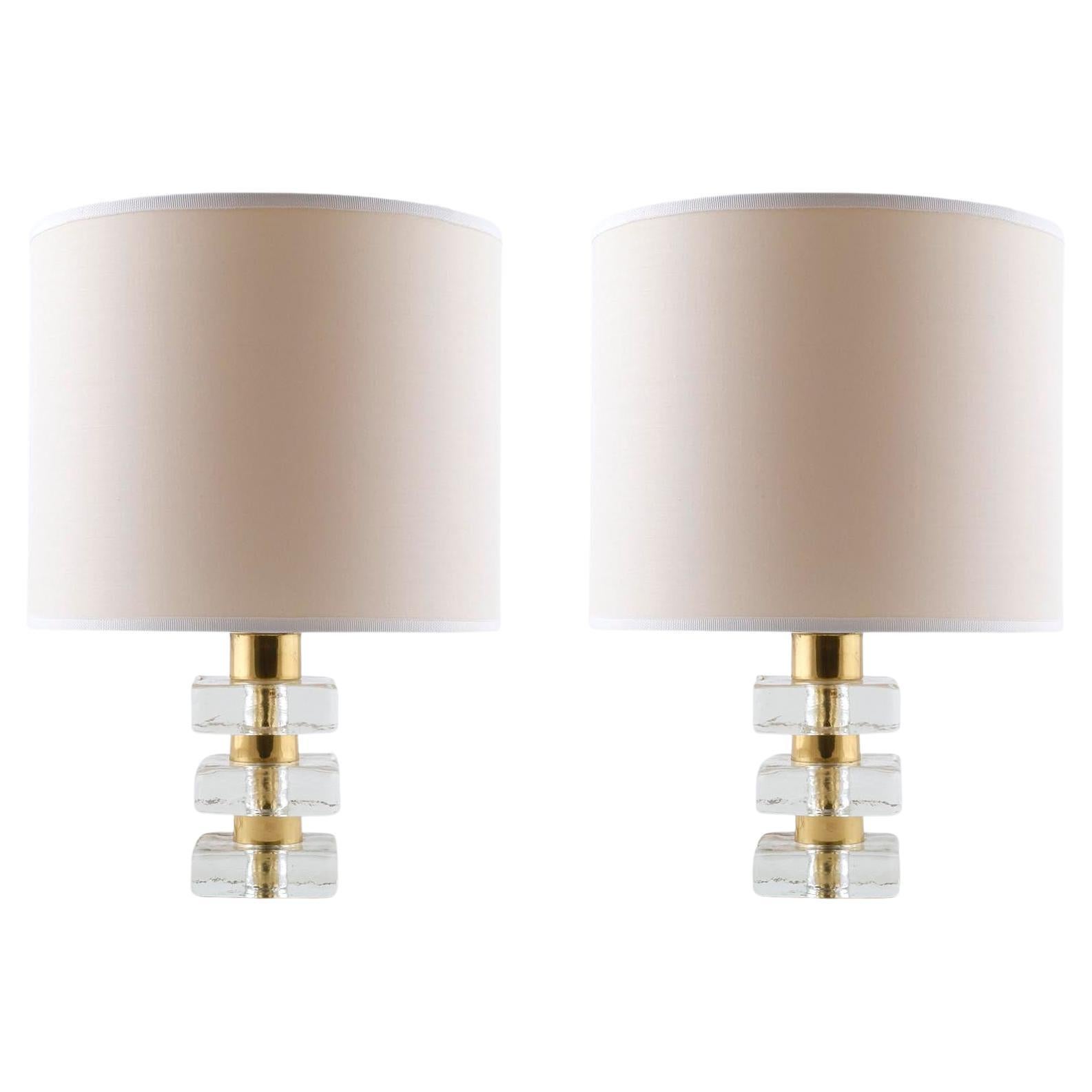 Pair of Bakalowits Table Lamps, Brass Ice Glass Blocks, Off White Shades, 1970 For Sale