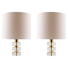 Vintage Pair of Bakalowits Table Lamps, Brass Ice Glass Blocks, Off White Shades, 1970