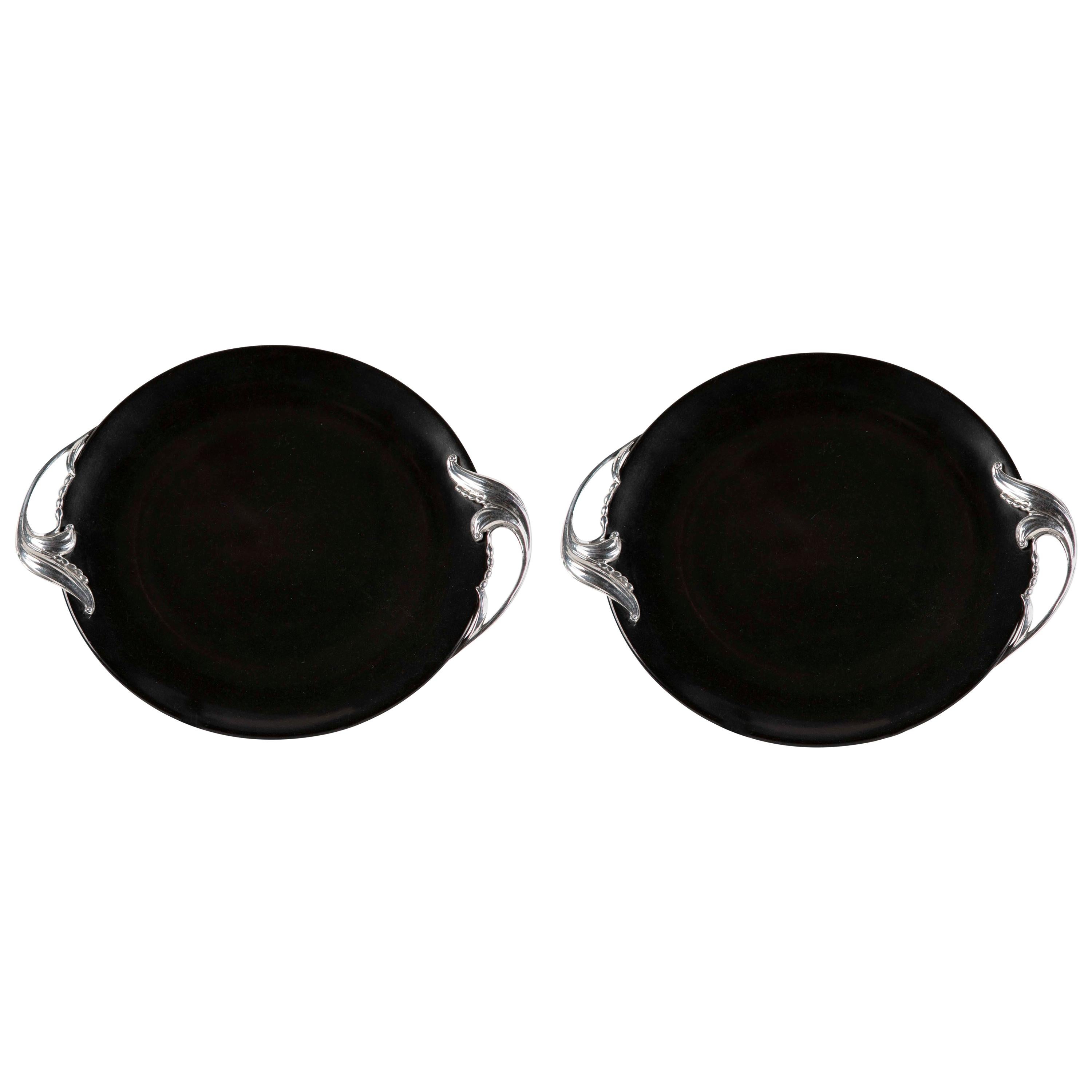 Pair of Bakelite Trays with Wrought Aluminum Foliate Form Handles