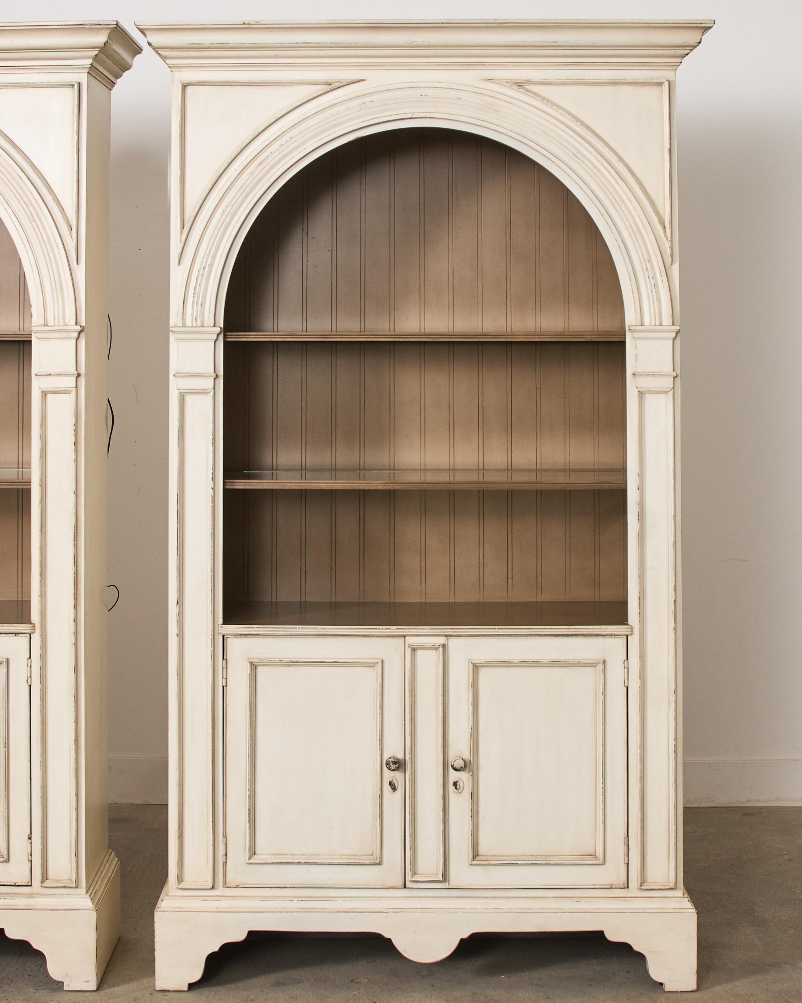 American Pair of Baker Architectural Neoclassical Style Painted Library Bookcases For Sale