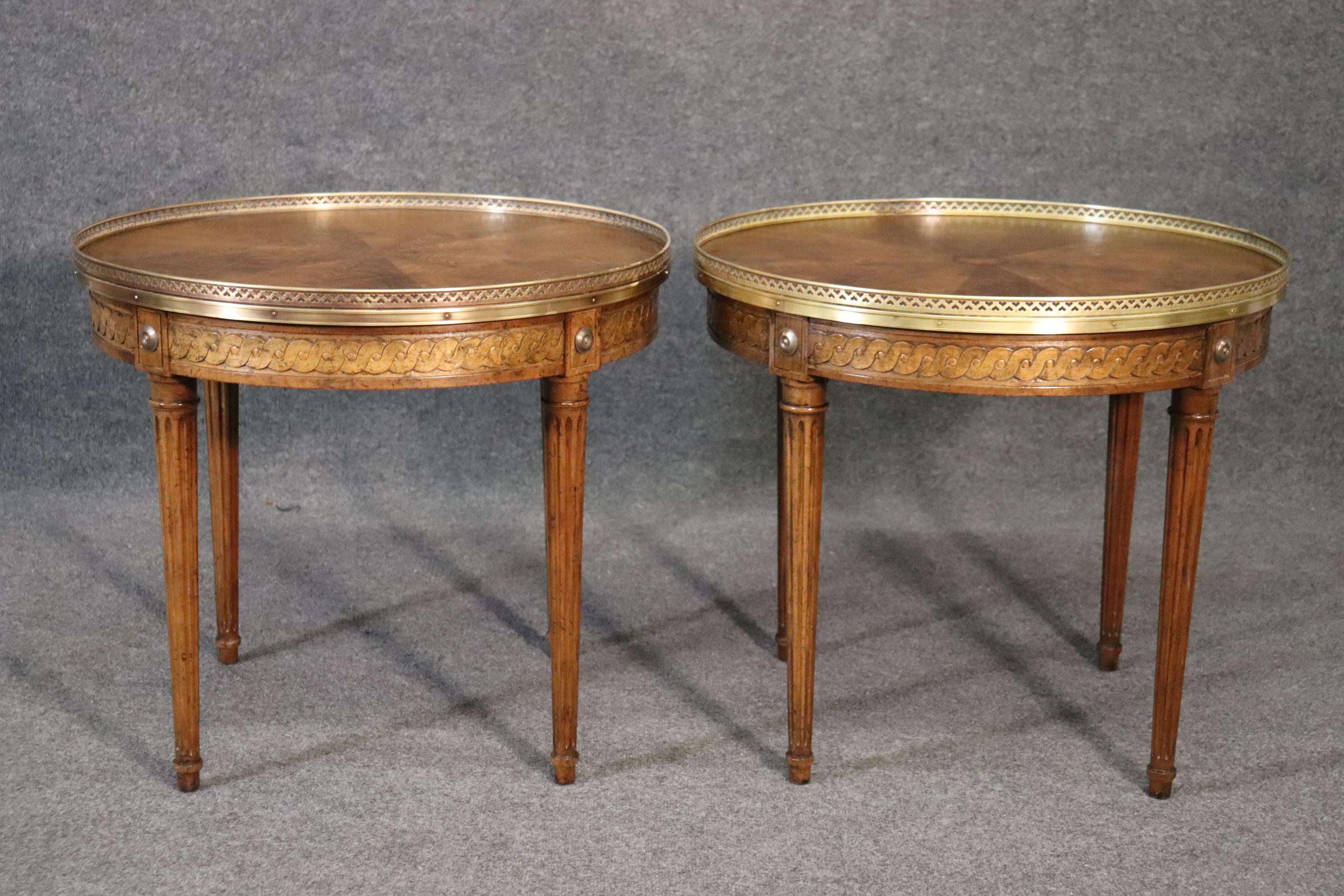 American Pair of Baker Brass Trimmed Figured Walnut French Louis XVI End Side Tables