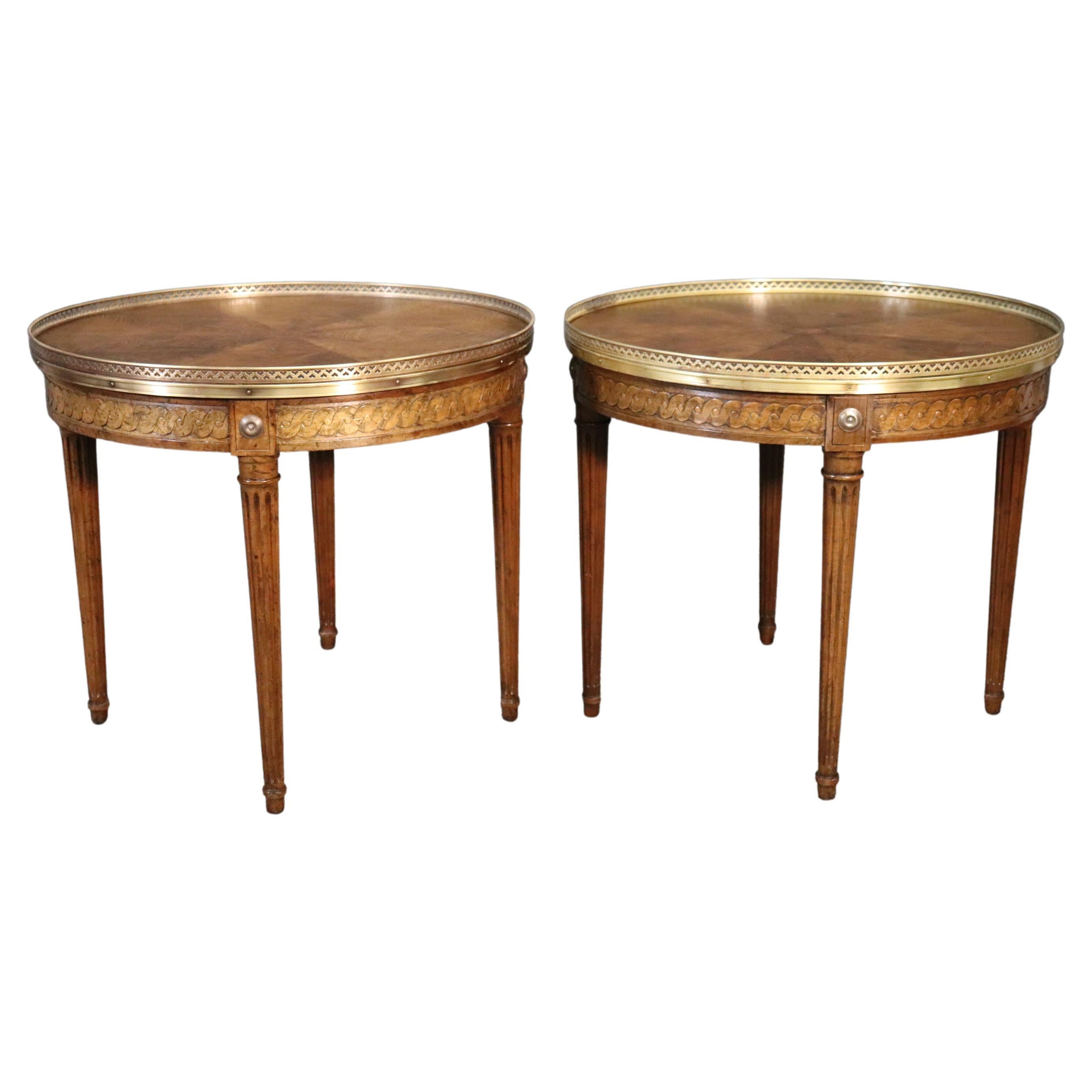Pair of Baker Brass Trimmed Figured Walnut French Louis XVI End Side Tables