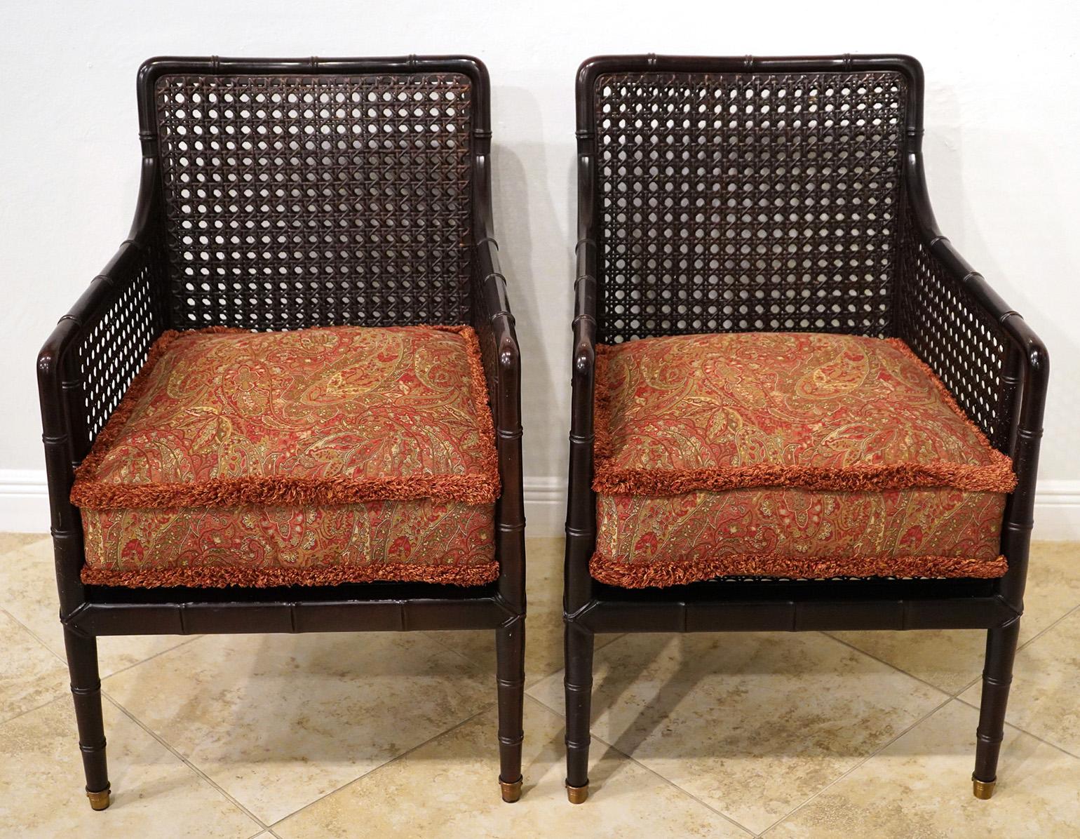 Pair of Baker Campaign Style Caned Chairs w/ Faux Bamboo Design In Good Condition In Ft. Lauderdale, FL