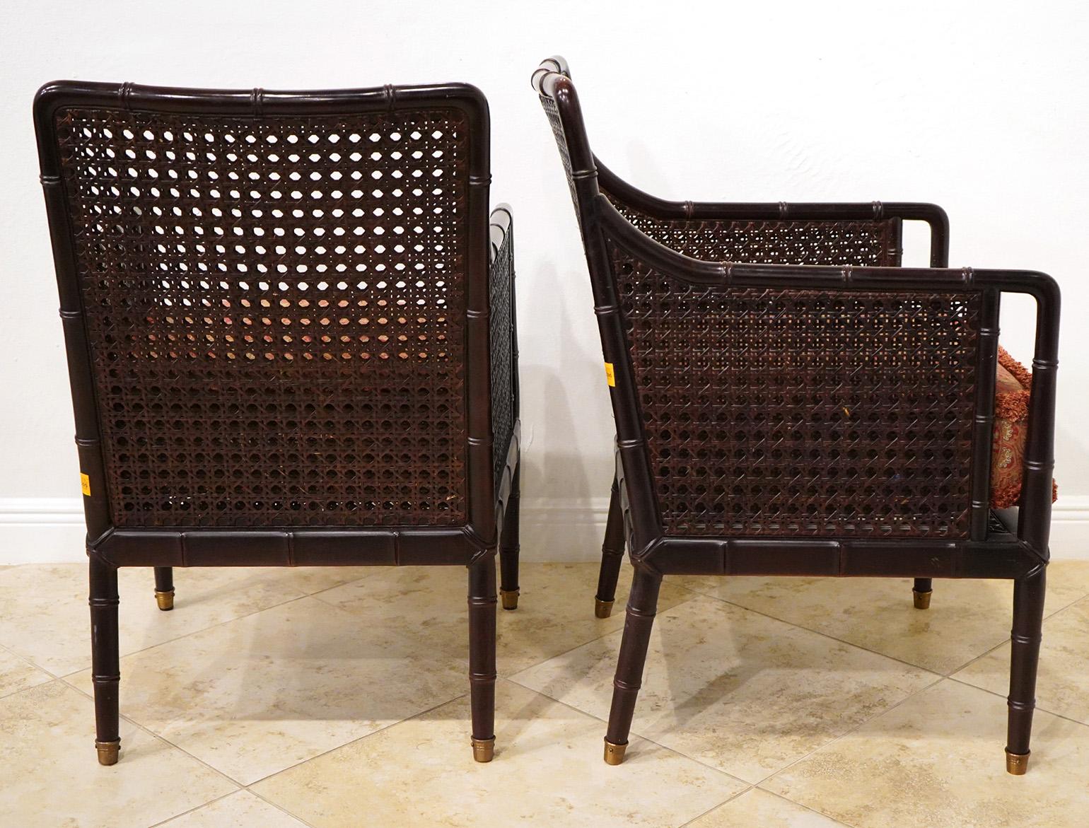 20th Century Pair of Baker Campaign Style Caned Chairs w/ Faux Bamboo Design