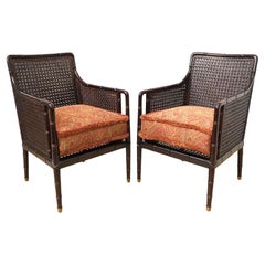 Vintage Pair of Baker Campaign Style Caned Chairs w/ Faux Bamboo Design
