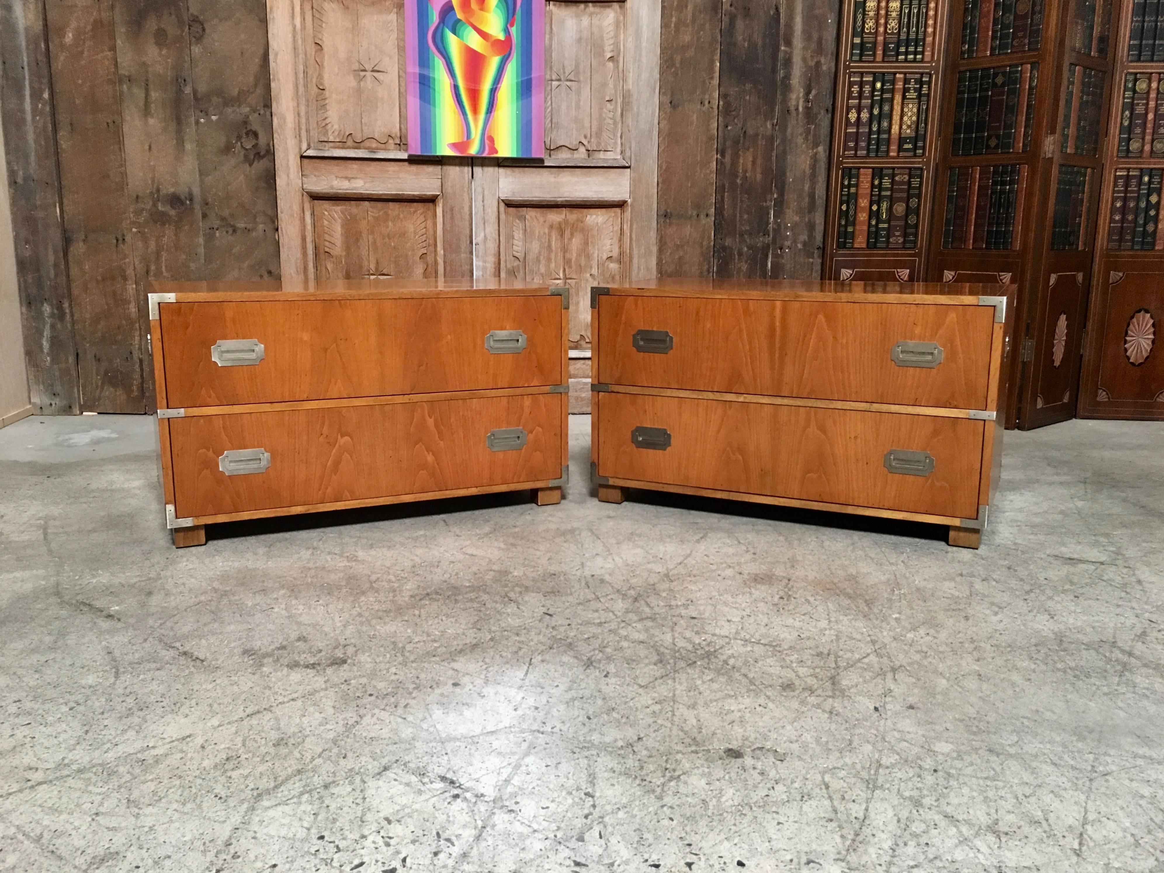 Mid-Century Modern Pair of Baker Campaign Style Two-Drawer Dresser Cabinets