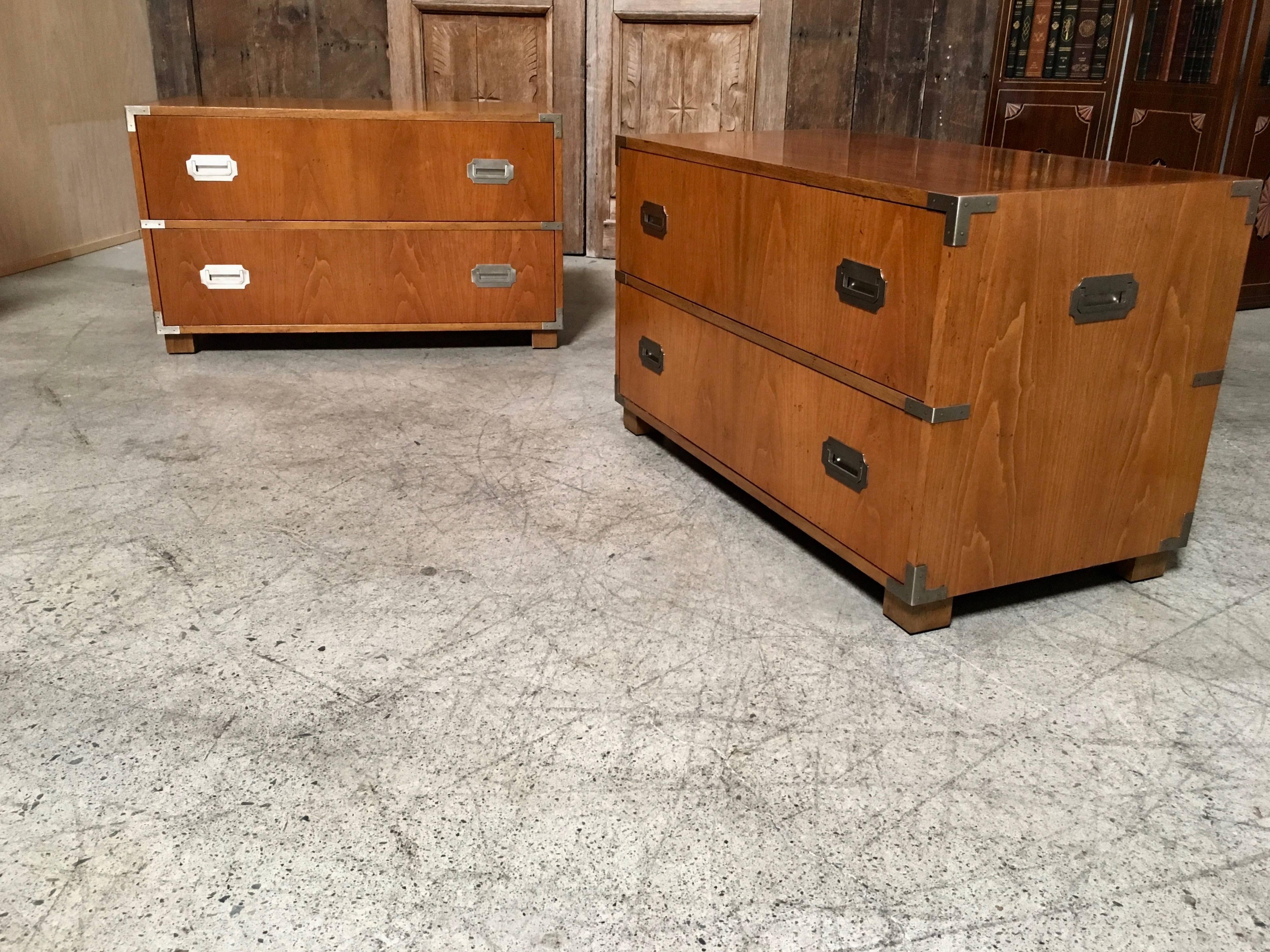 Pair of Baker Campaign Style Two-Drawer Dresser Cabinets In Good Condition In Denton, TX