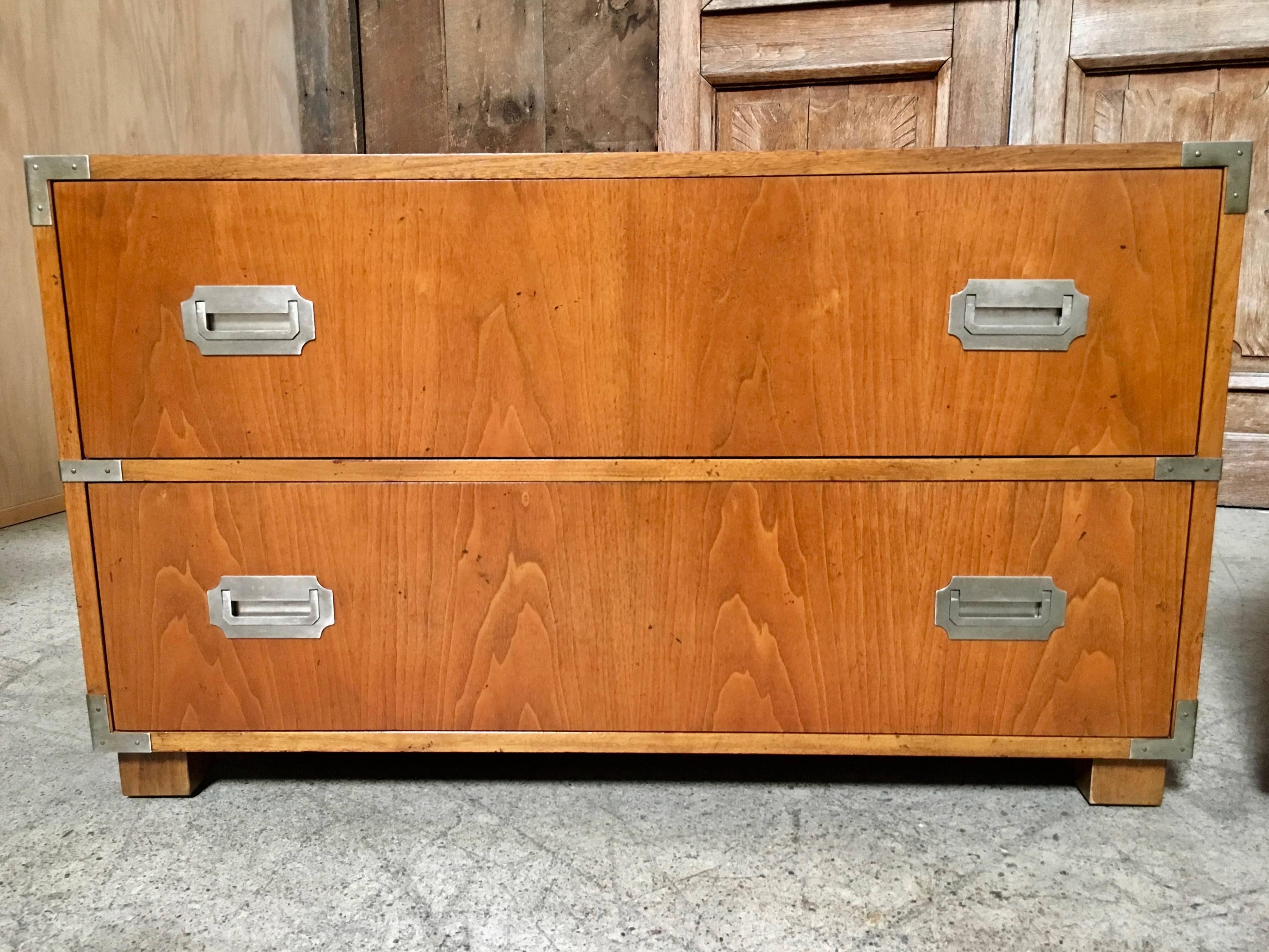 20th Century Pair of Baker Campaign Style Two-Drawer Dresser Cabinets