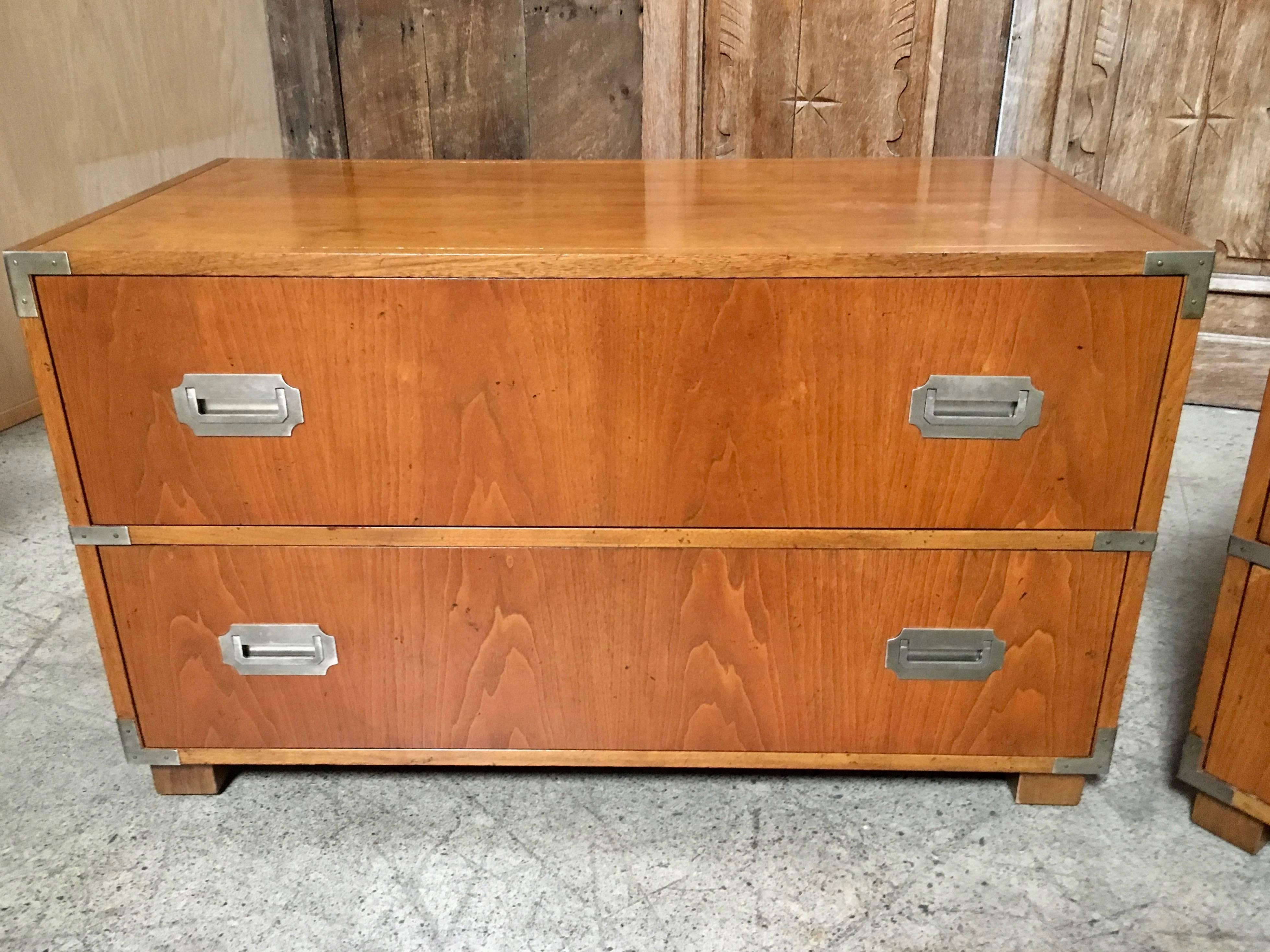 Nickel Pair of Baker Campaign Style Two-Drawer Dresser Cabinets
