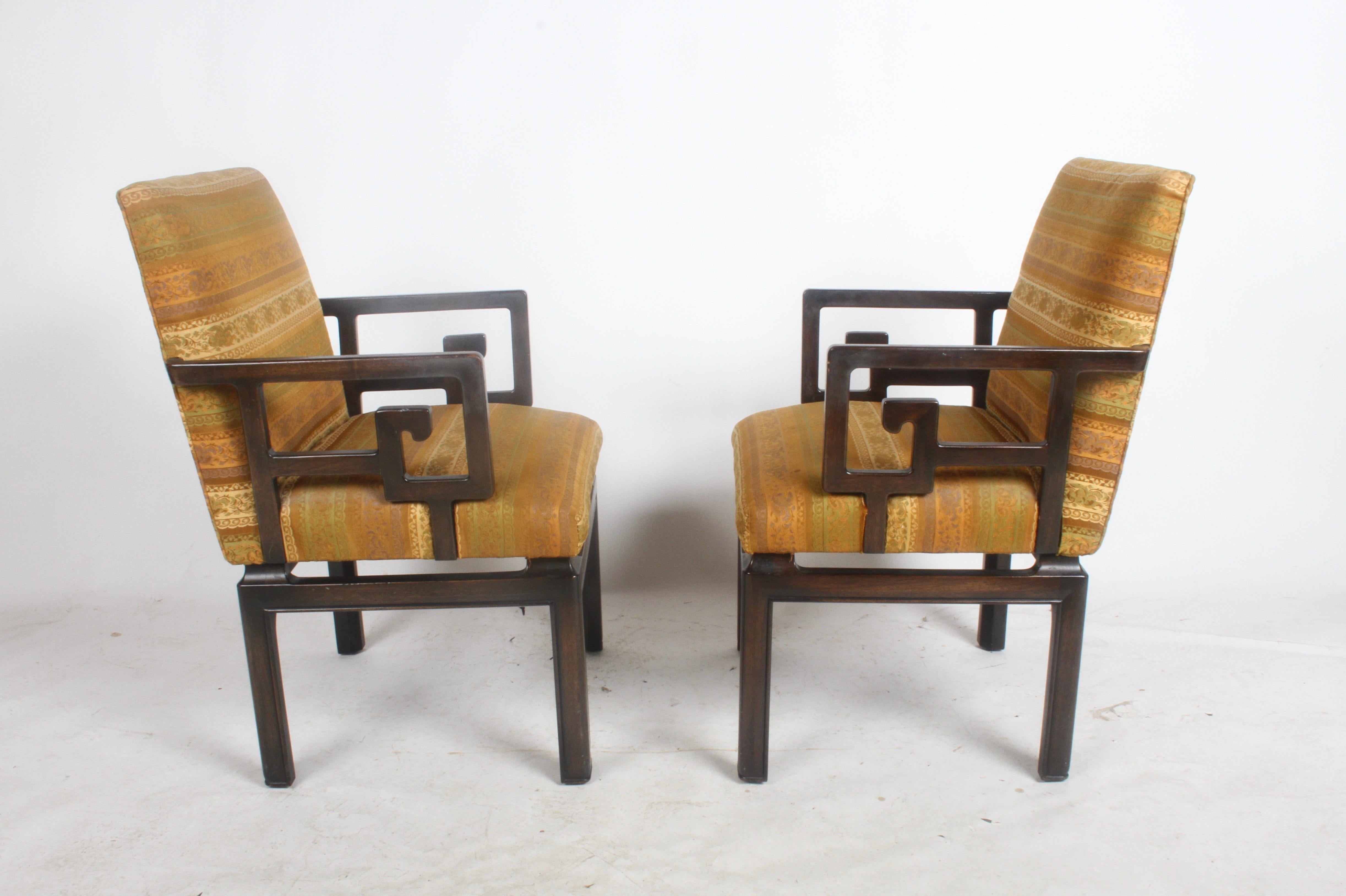 I have two pairs of Greek Key chairs designed by Windsor White for the Baker Far East Collection, c.1960s. Only two are shown in original dark espresso finish and upholstery (should be refinished), the other two are in original black lacquer with
