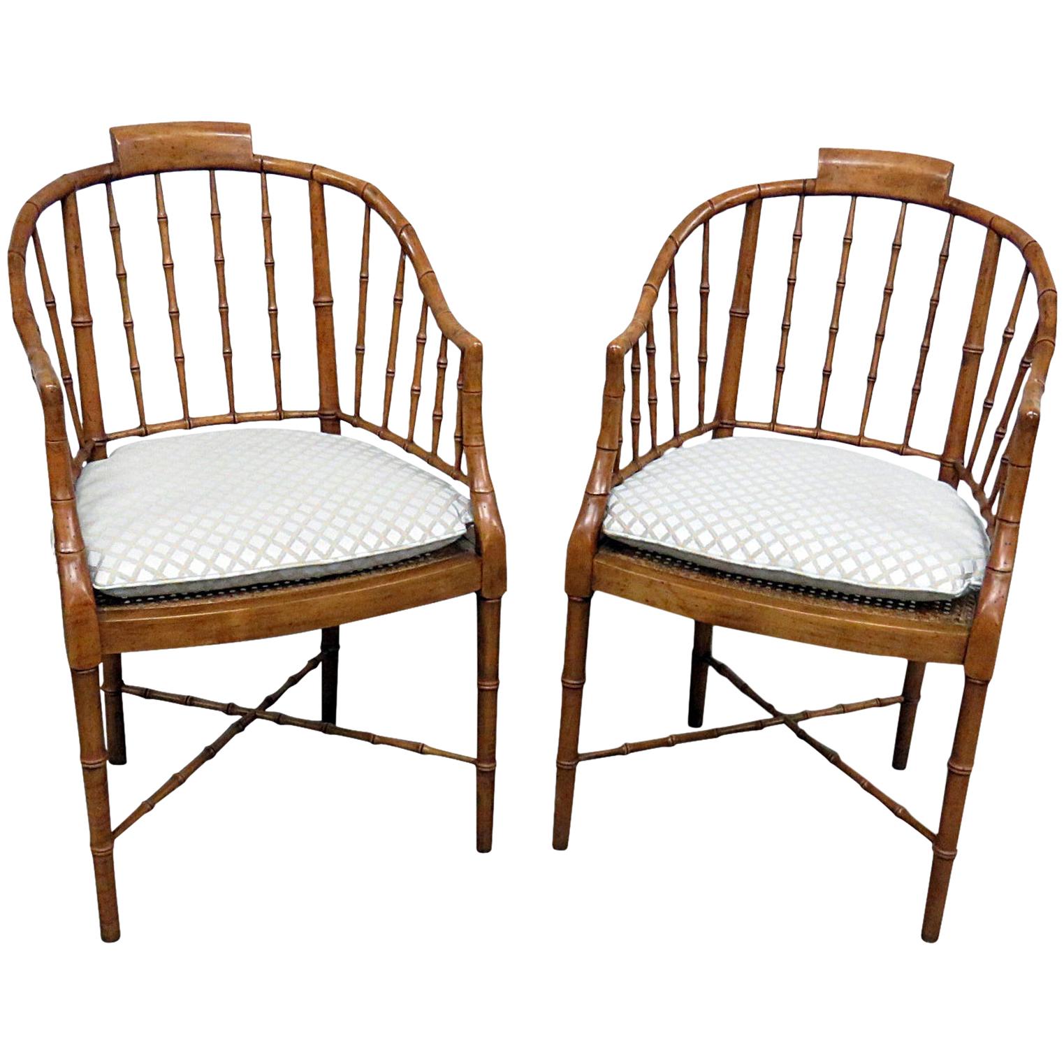 Pair of Baker French Faux Bamboo Style Parlor Club Chairs