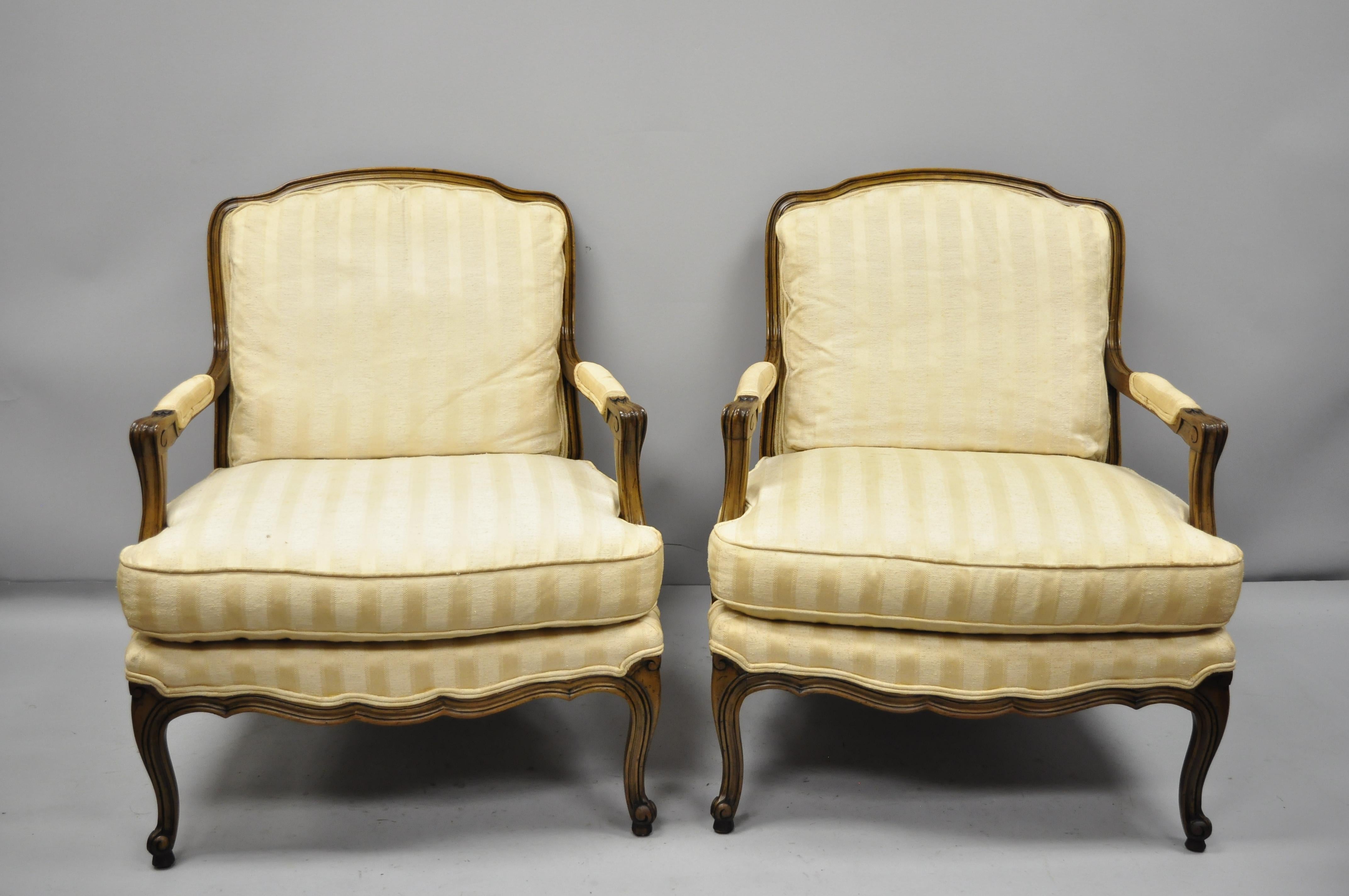 Pair of Baker French Country Provincial Louis XV Style Bergère Armchairs 3