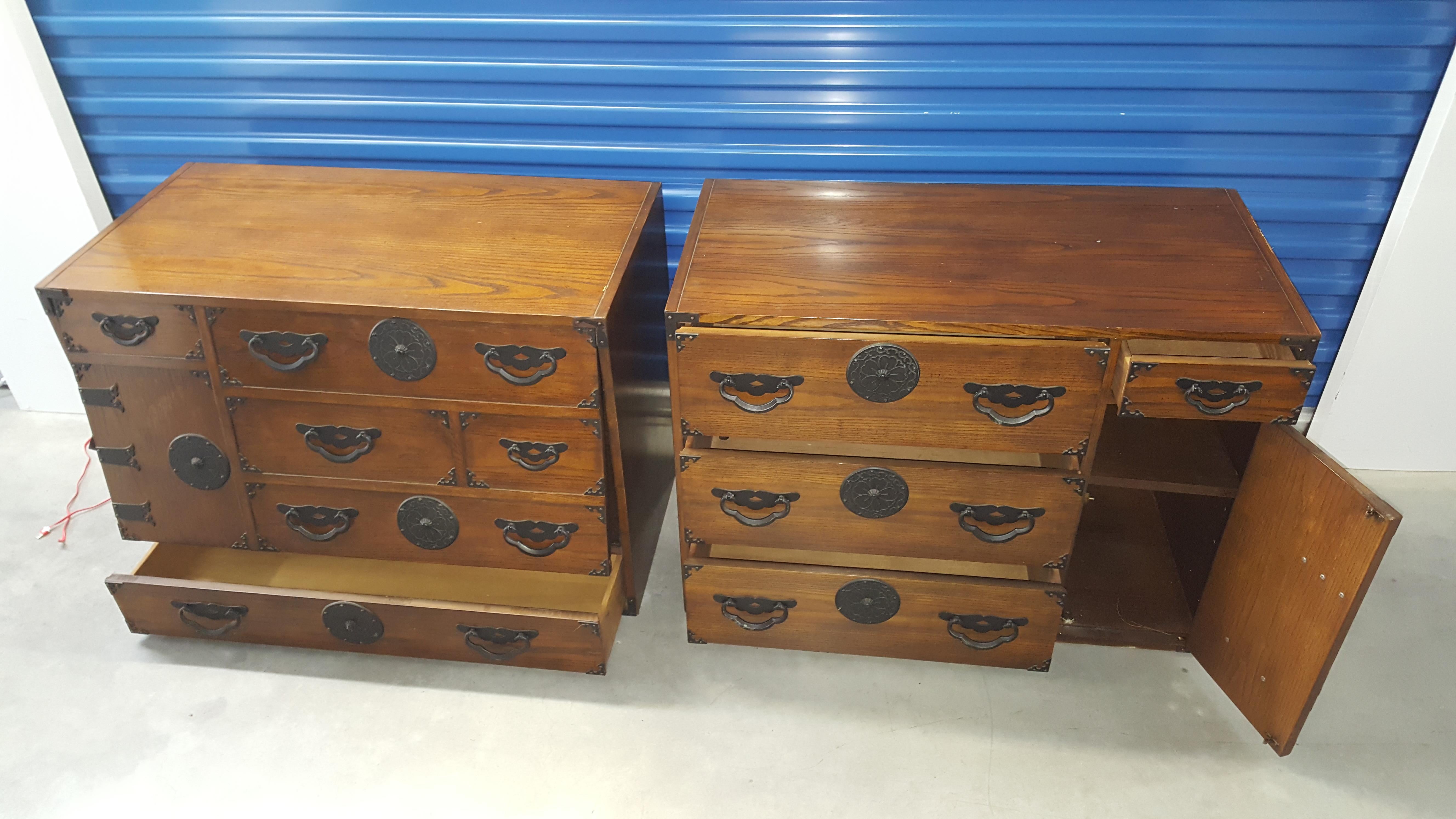 Pair of Baker furniture Asian Tansu chest with metal accent, one of the top door swing open from the top. Could be used side by side or stack one above another.