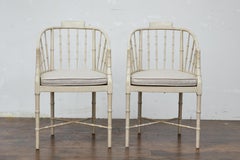 Pair of Baker Furniture Faux Bamboo Upholstered Armchairs in Soft White Finish