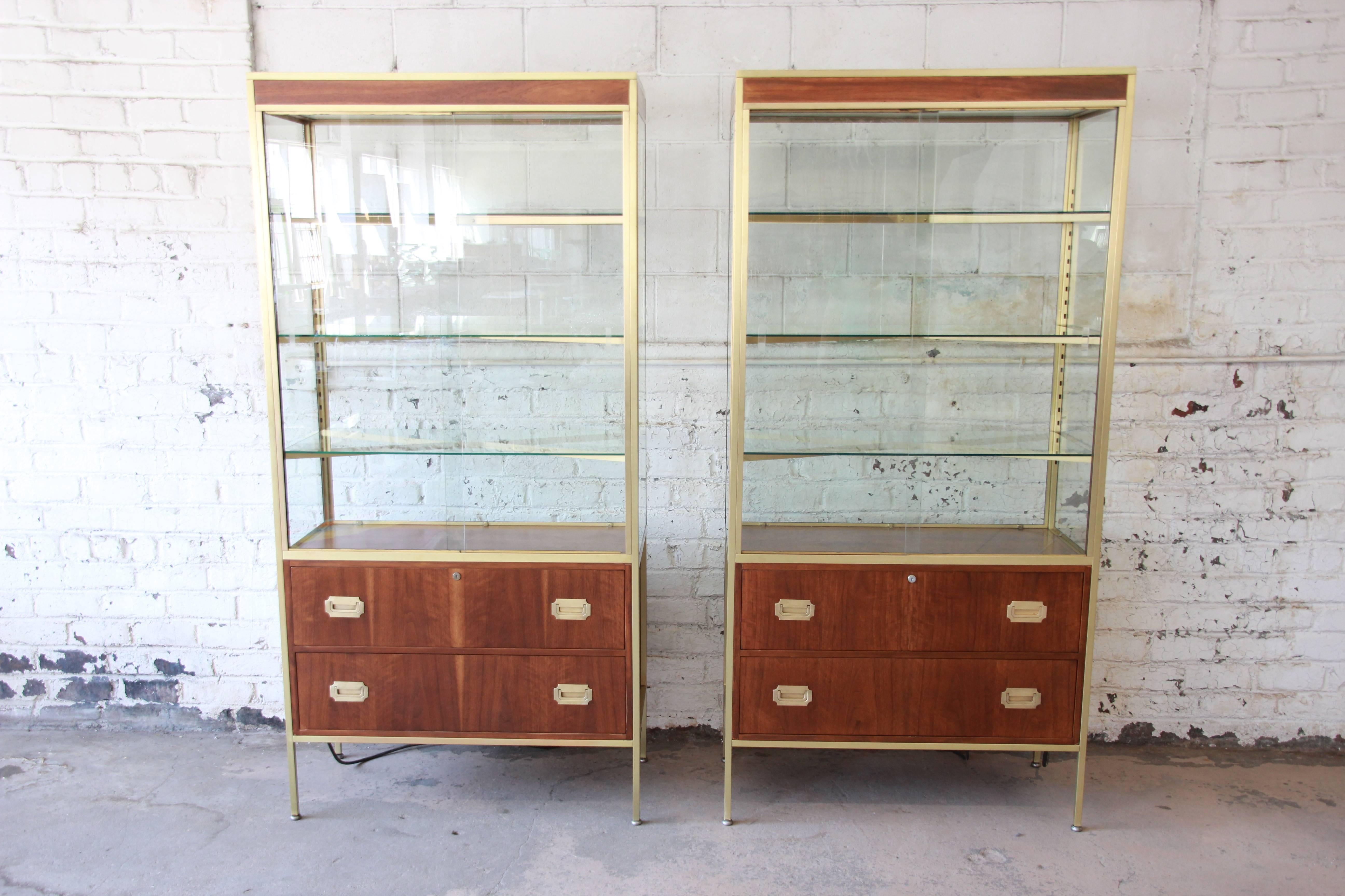 20th Century Pair of Baker Furniture Hollywood Regency Campaign Style Display Cabinets
