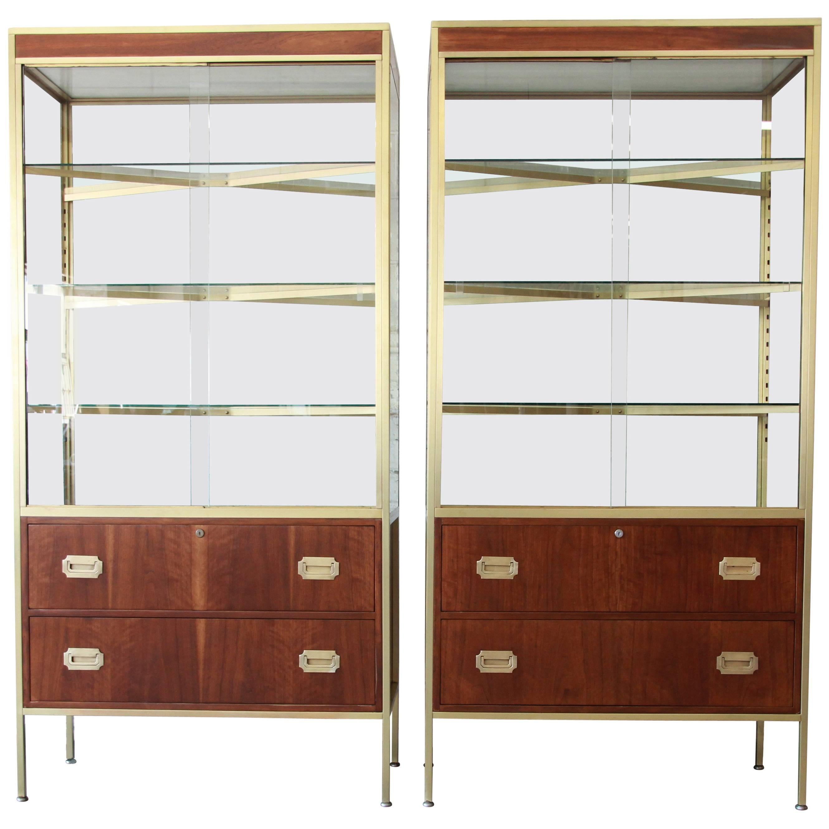 Pair of Baker Furniture Hollywood Regency Campaign Style Display Cabinets
