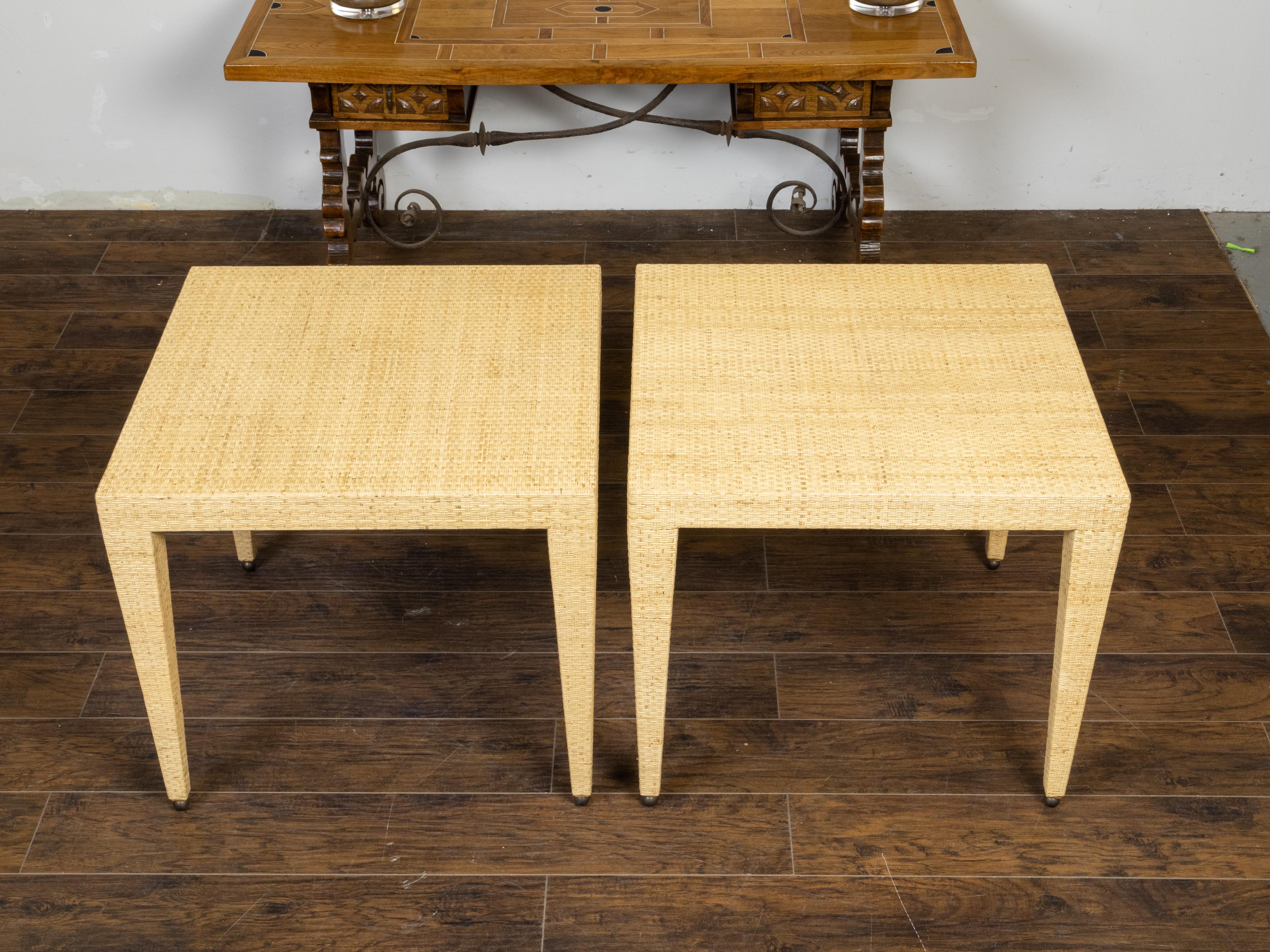 Mid-Century Modern Pair of Baker Furniture Midcentury Wicker Side Tables with Tapered Legs For Sale