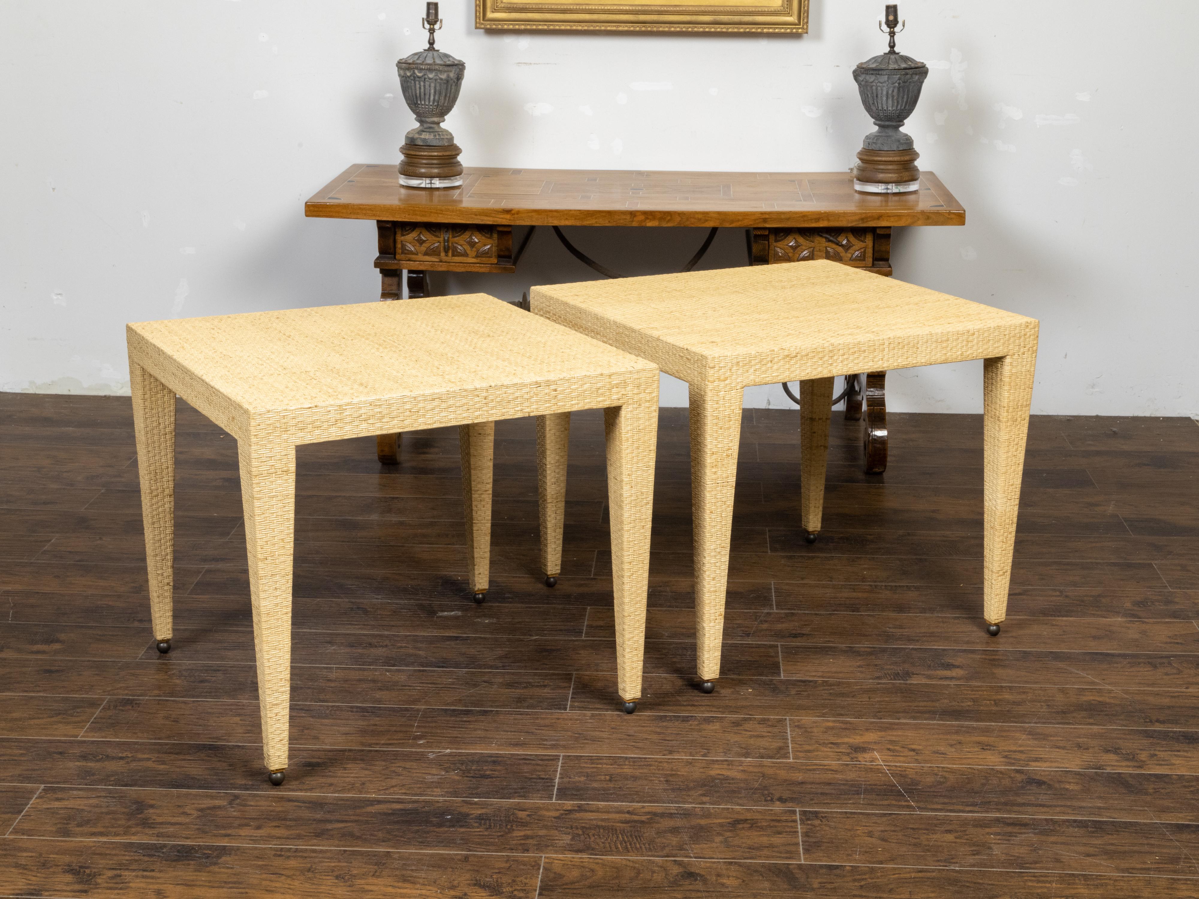 American Pair of Baker Furniture Midcentury Wicker Side Tables with Tapered Legs For Sale