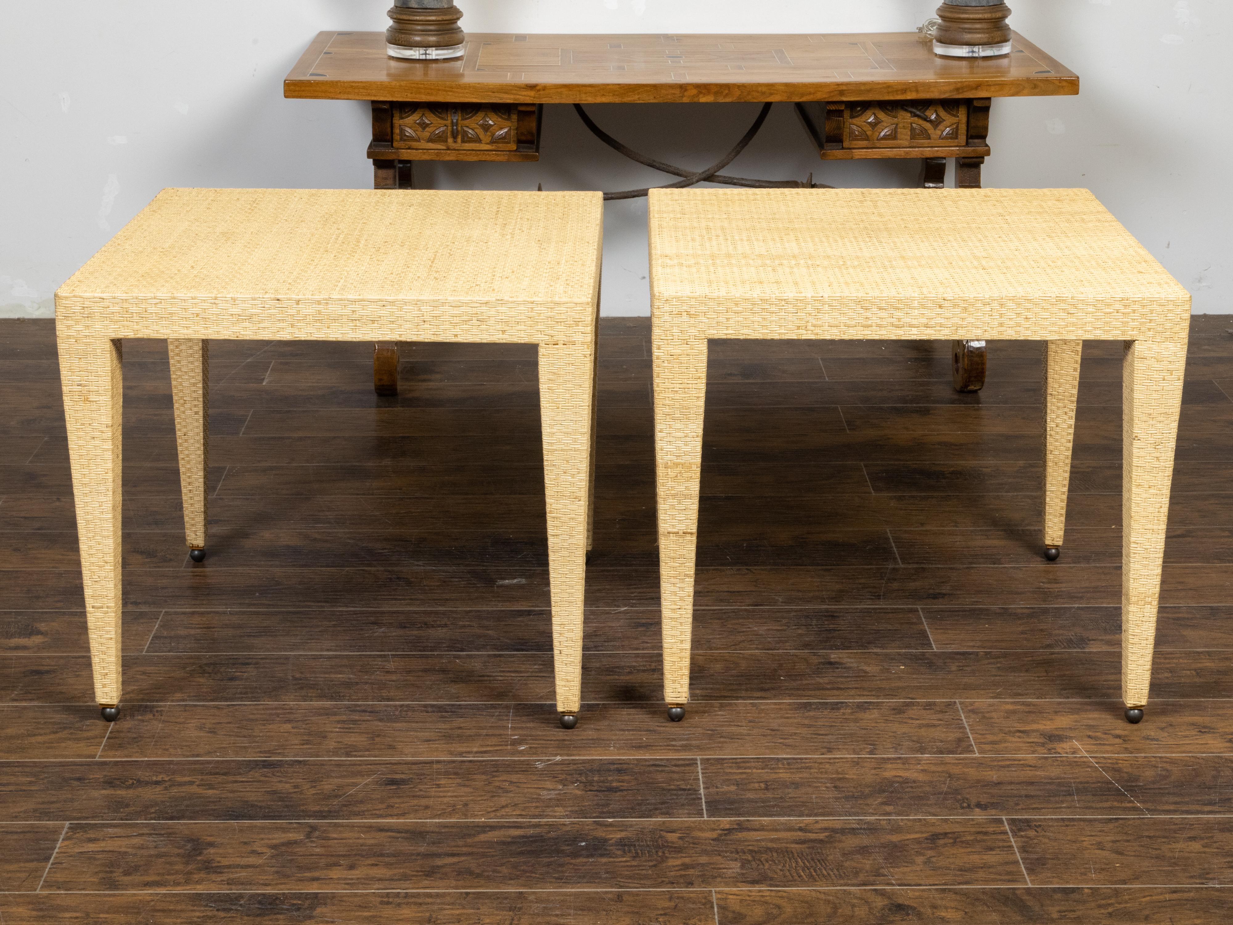 20th Century Pair of Baker Furniture Midcentury Wicker Side Tables with Tapered Legs For Sale