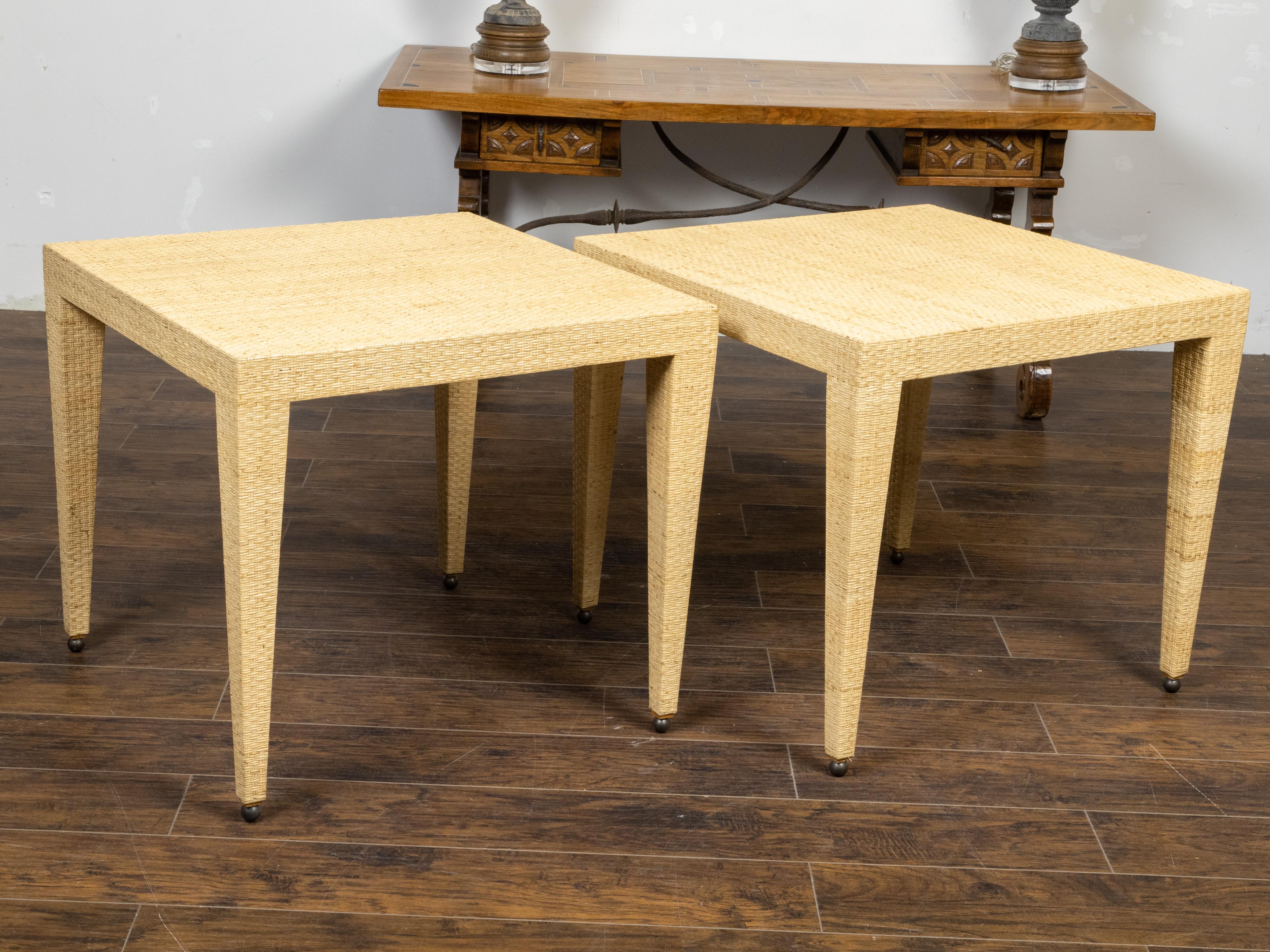Pair of Baker Furniture Midcentury Wicker Side Tables with Tapered Legs For Sale 1