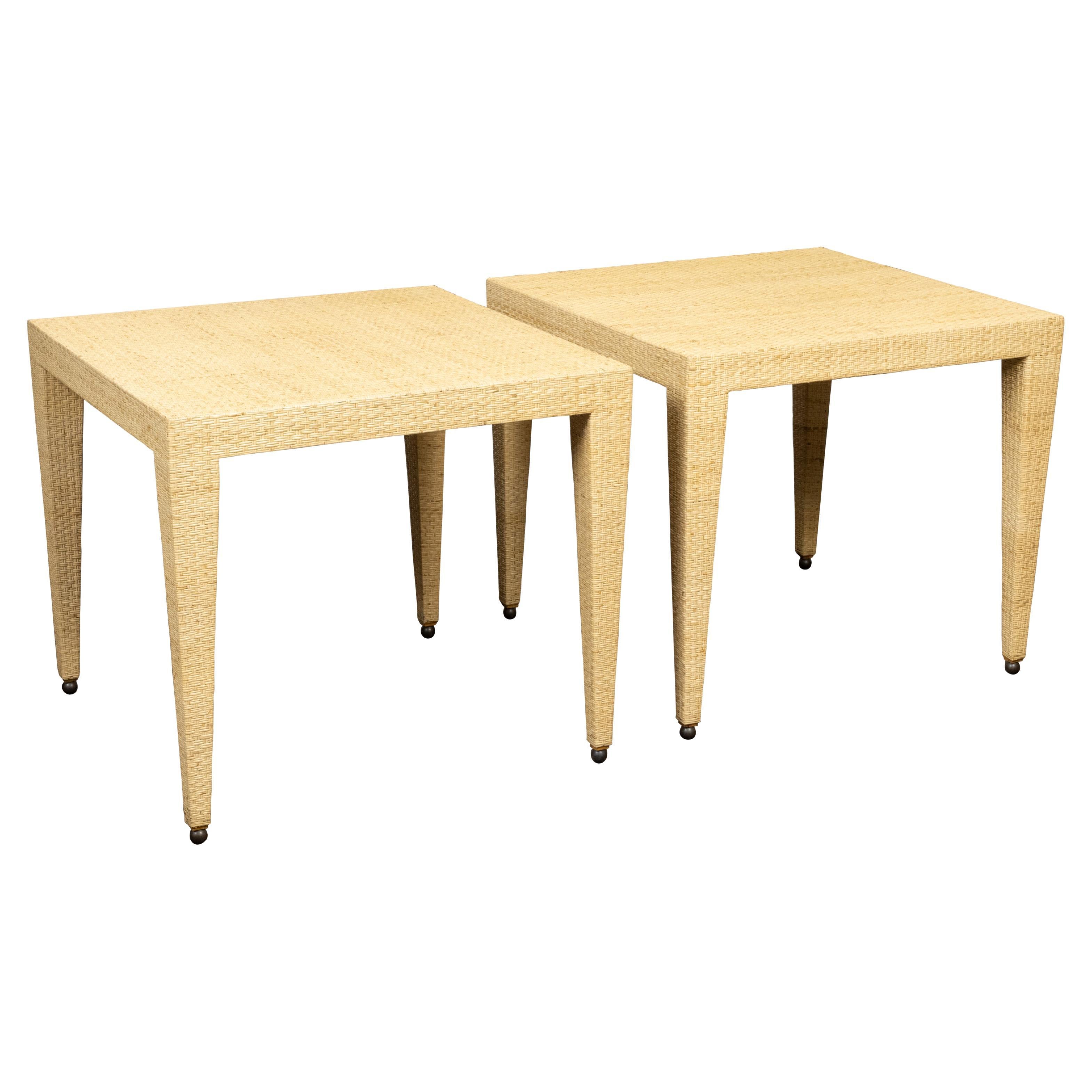 Pair of Baker Furniture Midcentury Wicker Side Tables with Tapered Legs For Sale