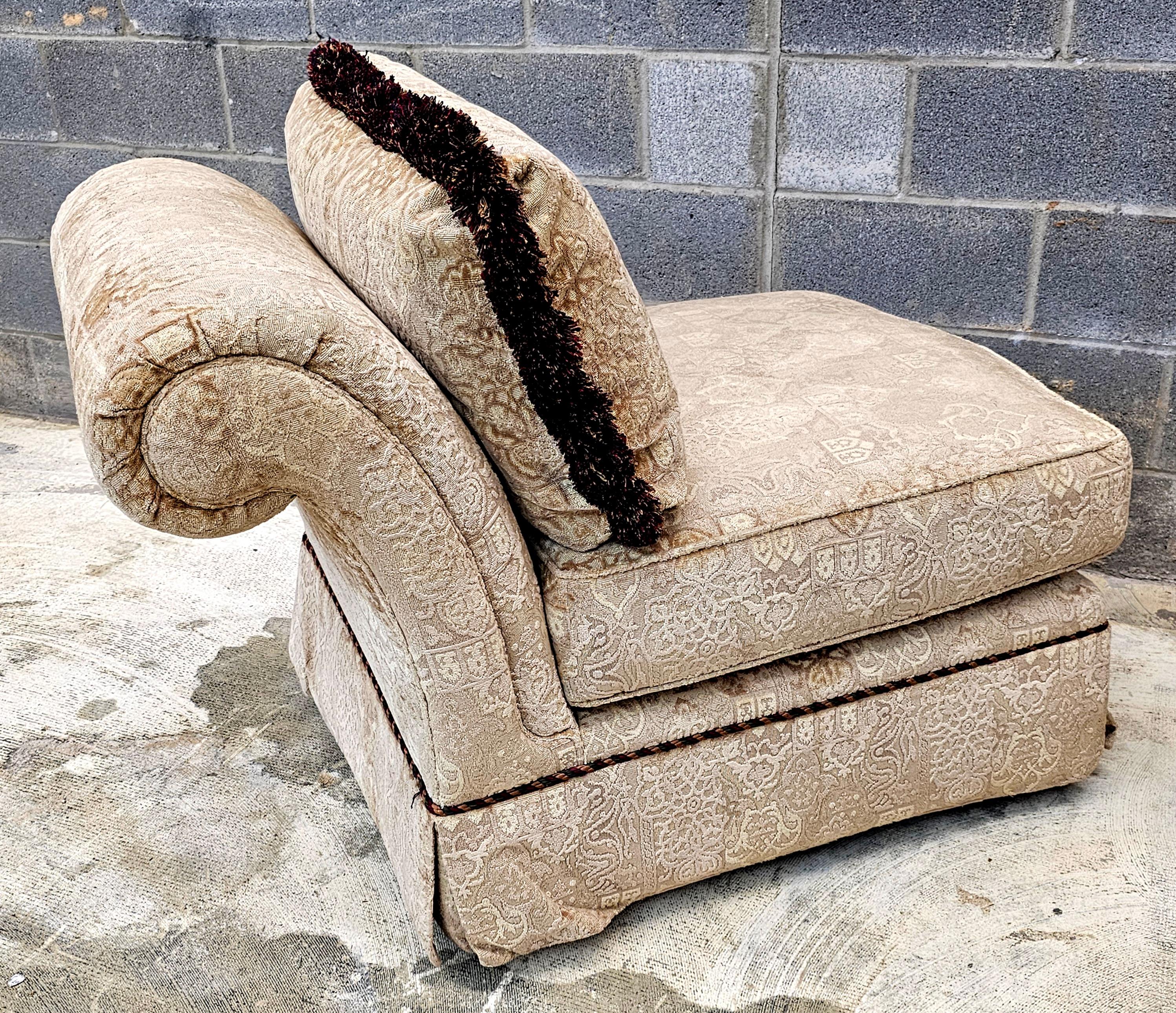 Pair of Baker Furniture Roll Back Plush Upholstered Slipper Chairs For Sale 2