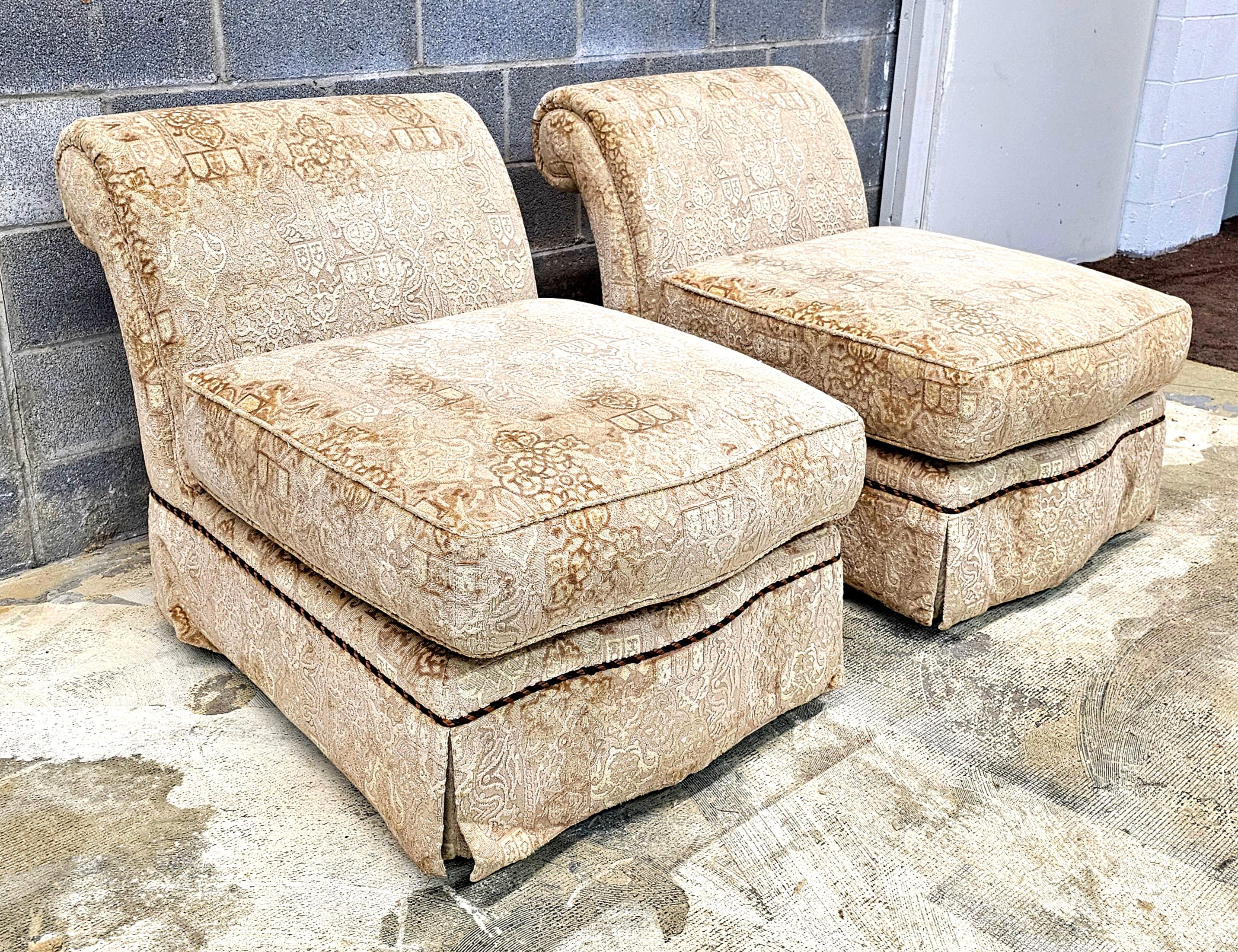 Pair of Baker Furniture Roll Back Plush Upholstered Slipper Chairs For Sale 4