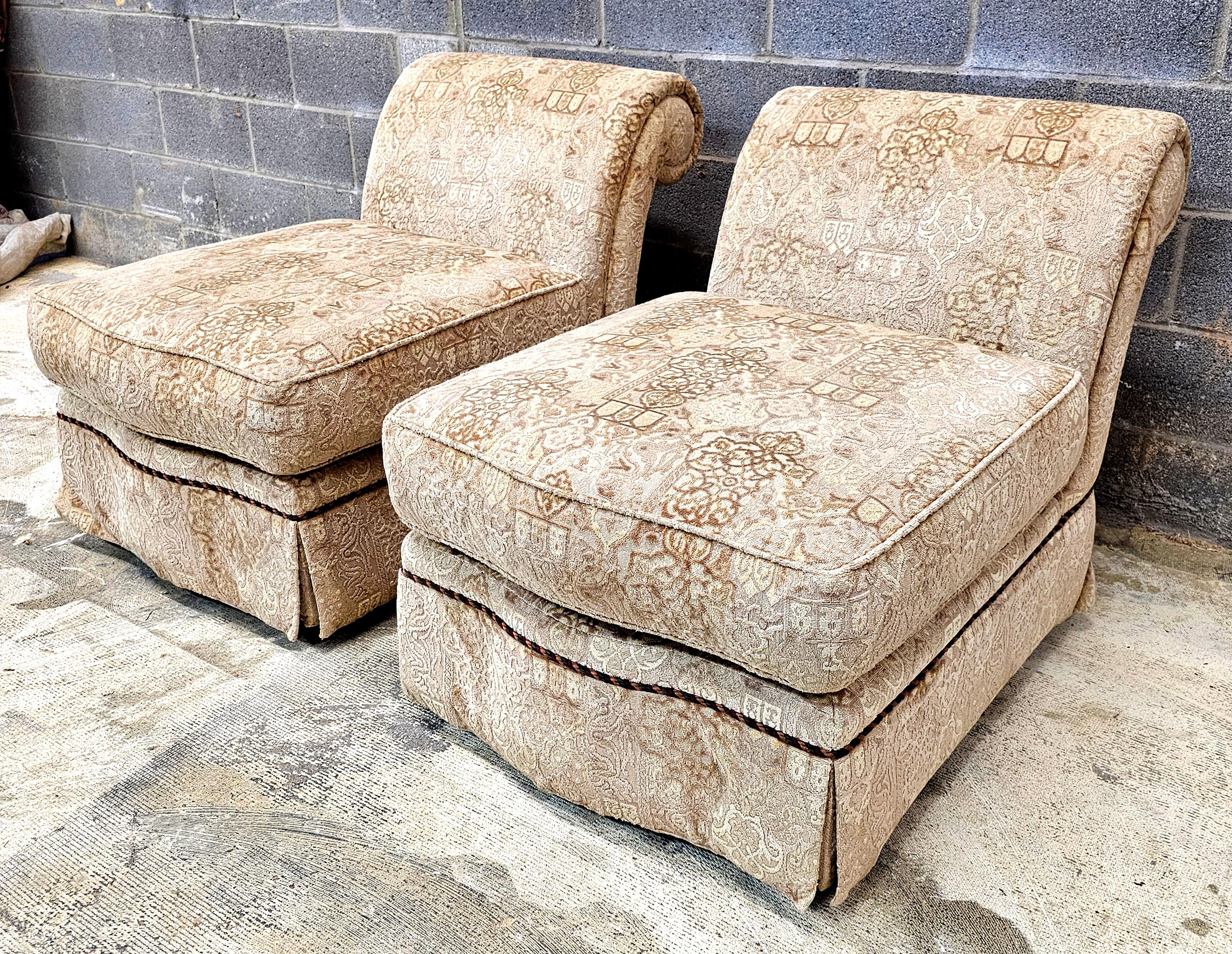 Other Pair of Baker Furniture Roll Back Plush Upholstered Slipper Chairs For Sale