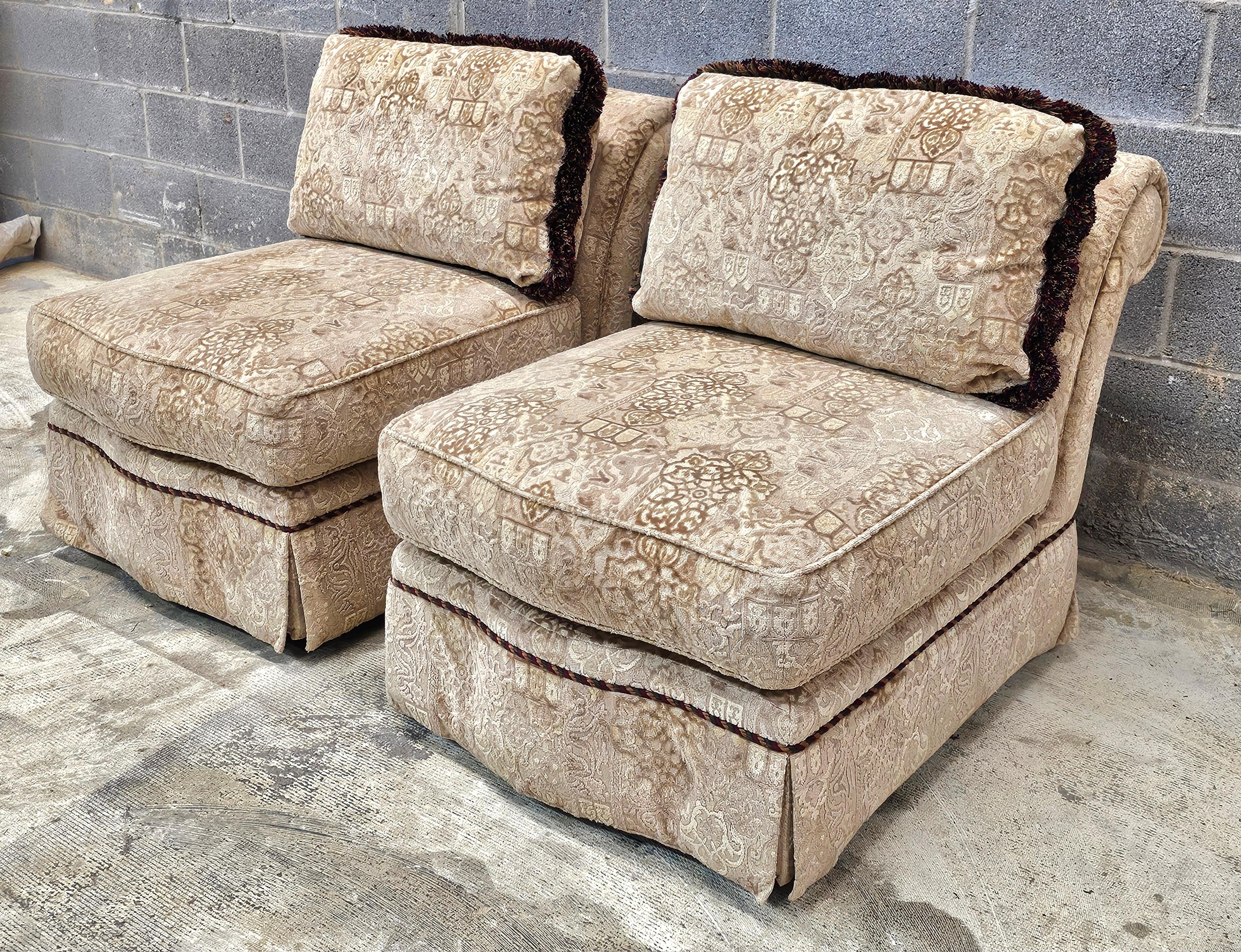Pair of Baker Furniture Roll Back Plush Upholstered Slipper Chairs In Good Condition For Sale In Germantown, MD