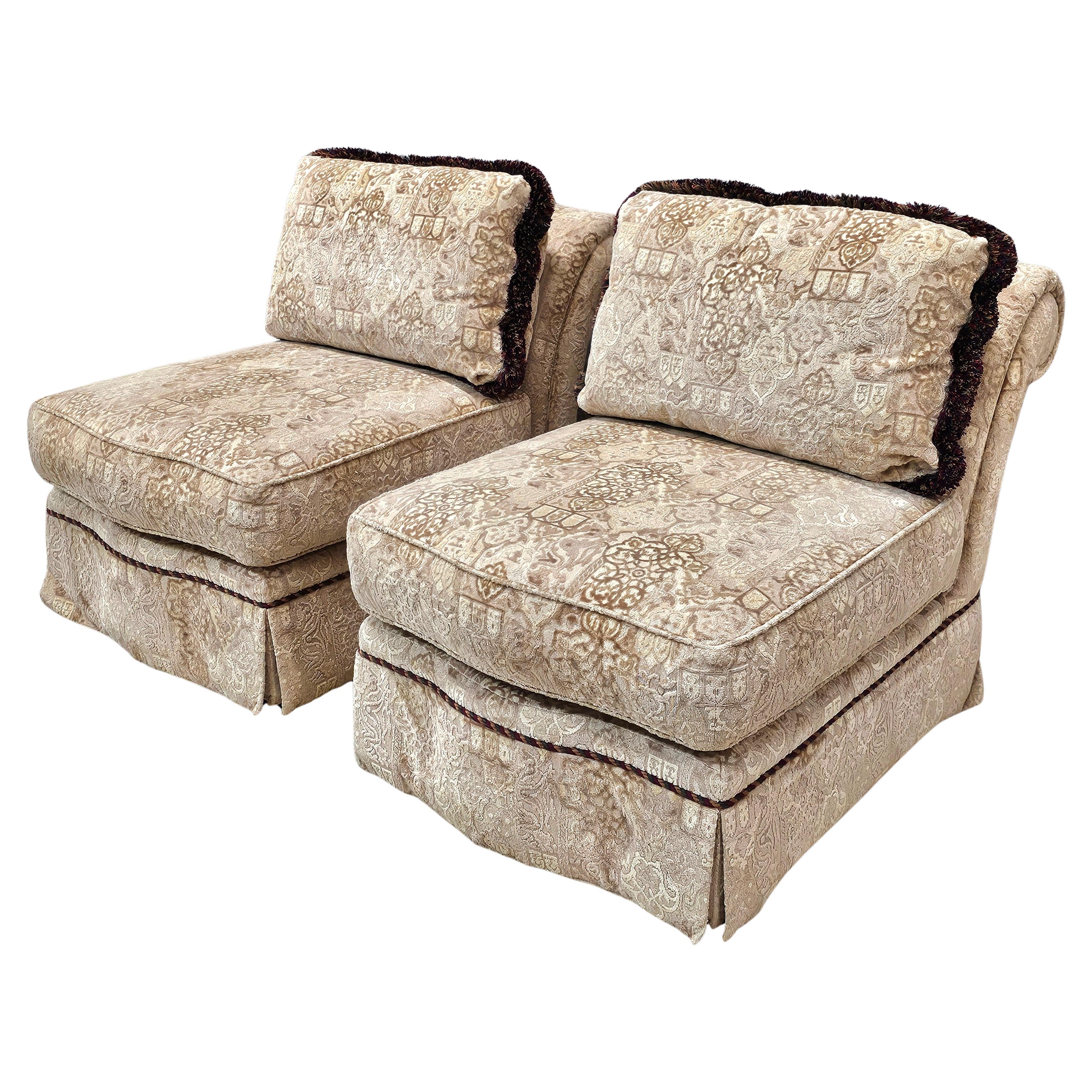 Pair of Baker Furniture Roll Back Plush Upholstered Slipper Chairs