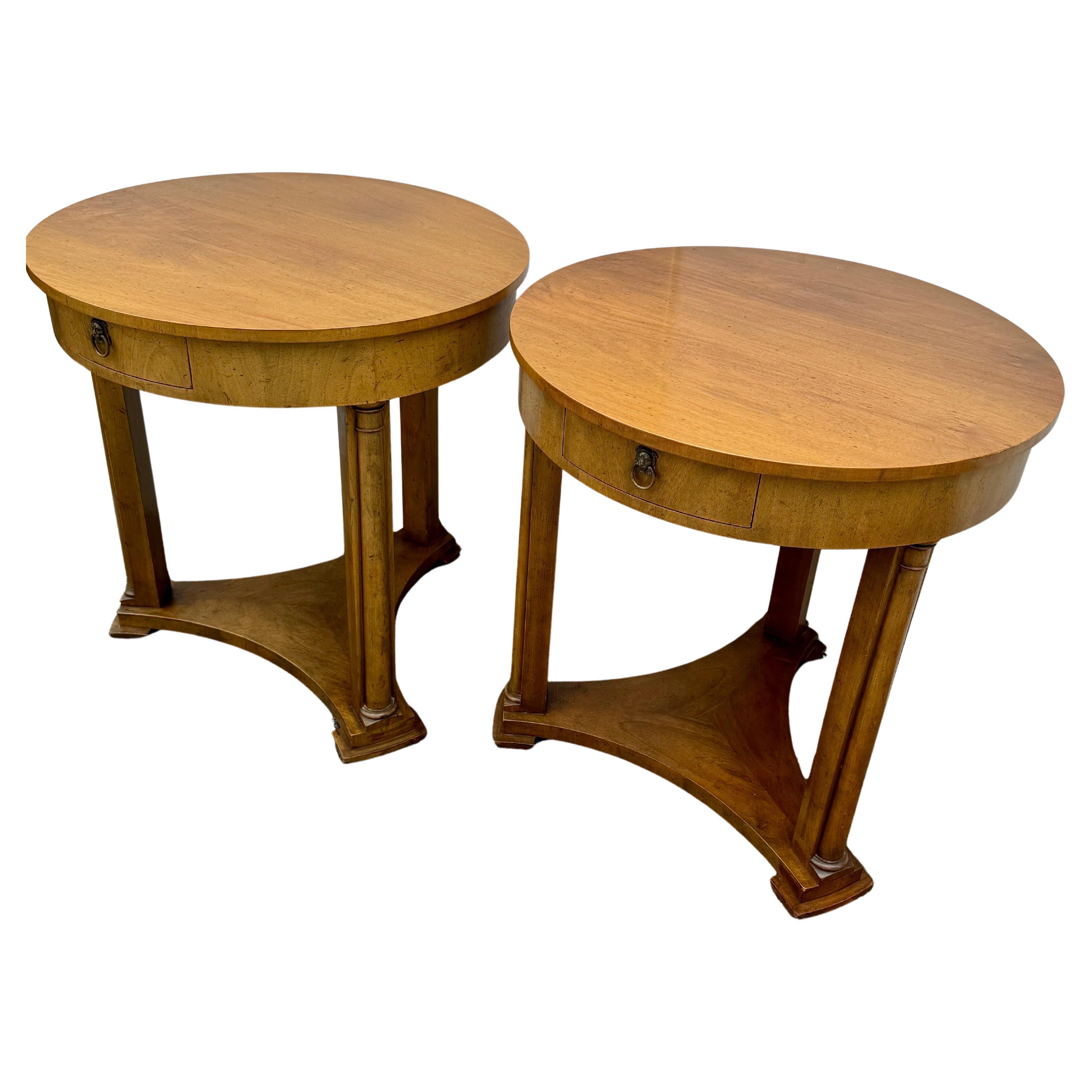 Mid-Century Modern Pair of Baker Furniture Round End Side Center Hall Tables For Sale