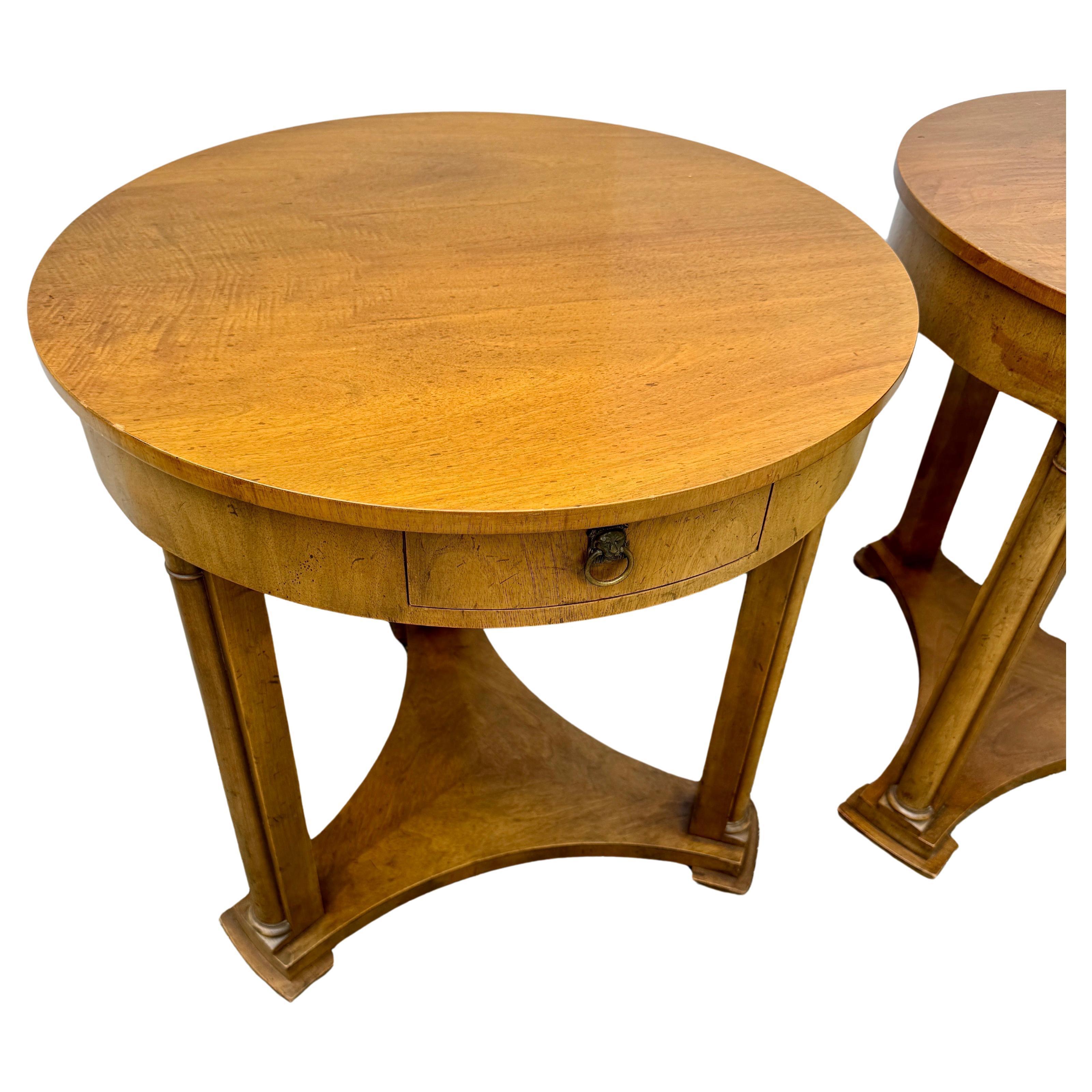 American Pair of Baker Furniture Round End Side Center Hall Tables For Sale