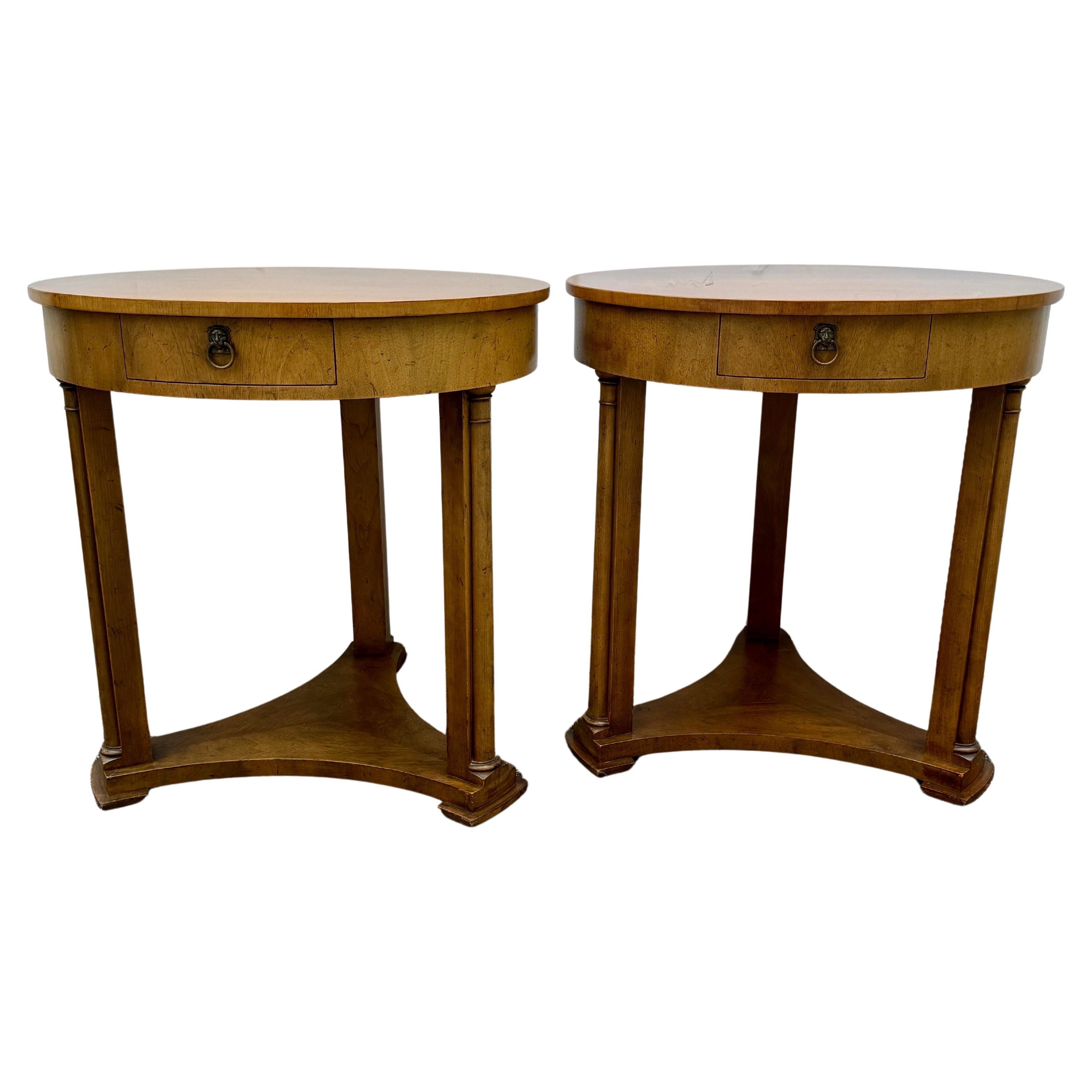 Hand-Crafted Pair of Baker Furniture Round End Side Center Hall Tables For Sale