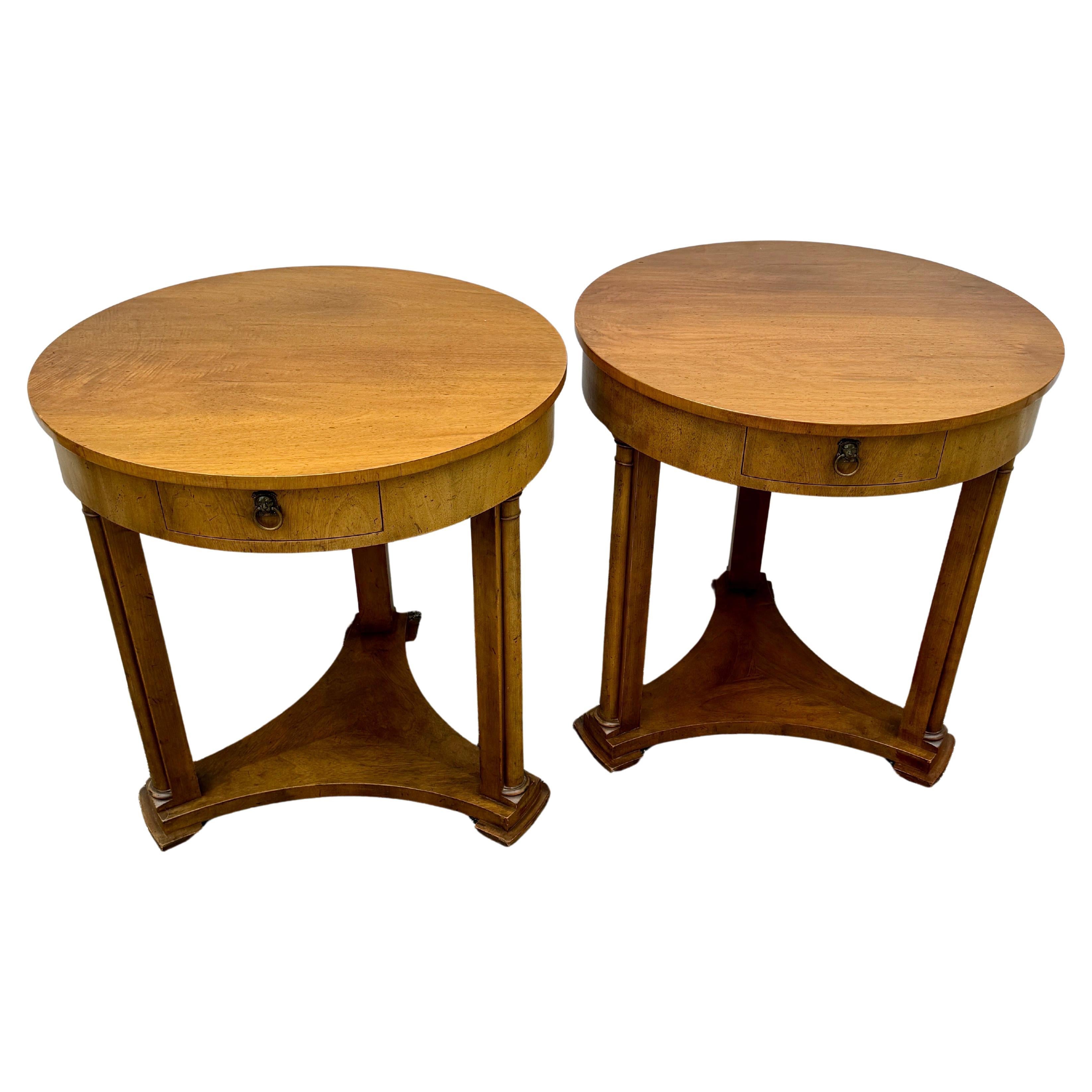 Pair of Baker Furniture Round End Side Center Hall Tables For Sale