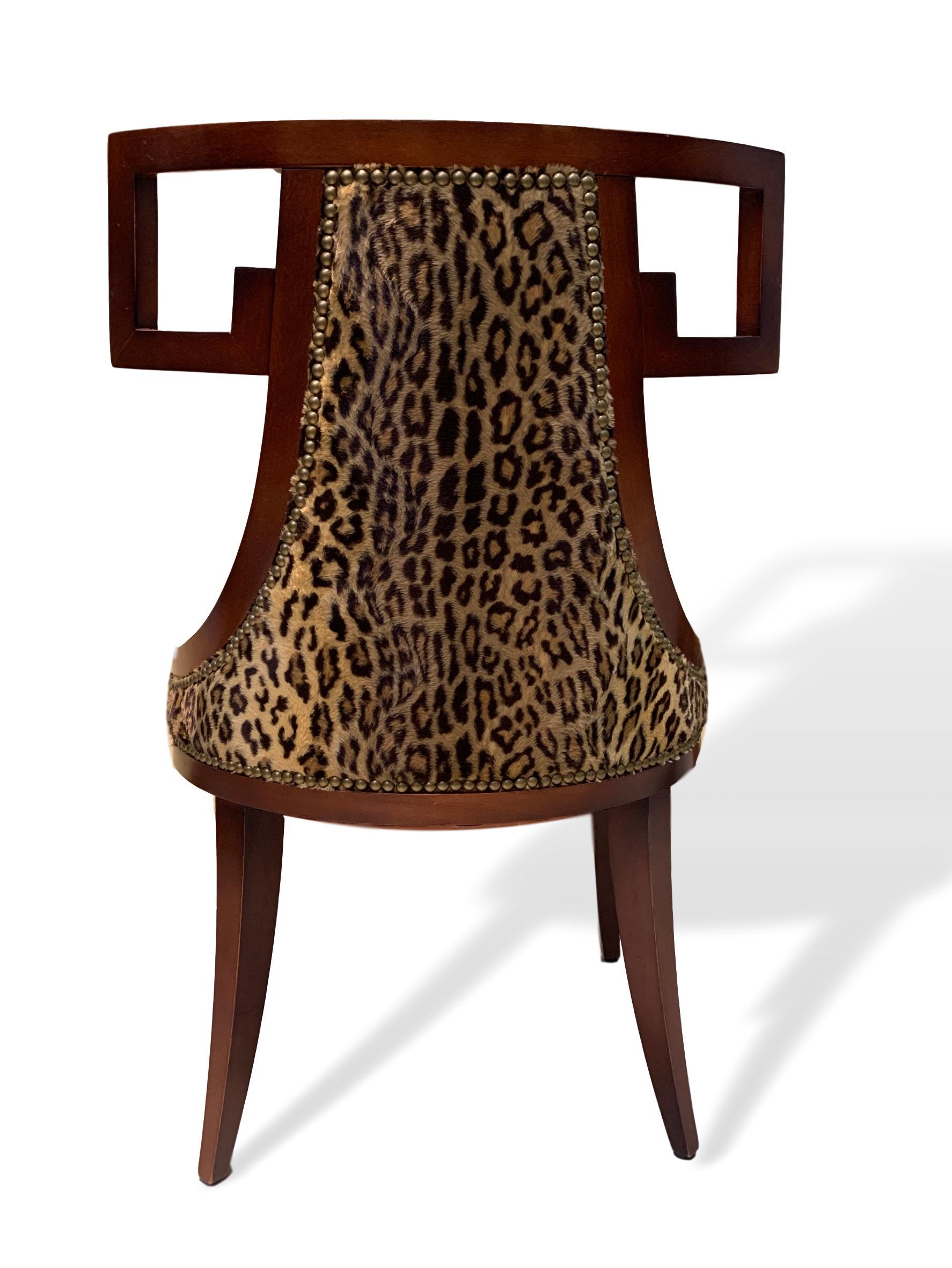 American Pair of Baker Greek Key Chairs Newly Upholstered in Ralph Lauren Leopard Fabric For Sale