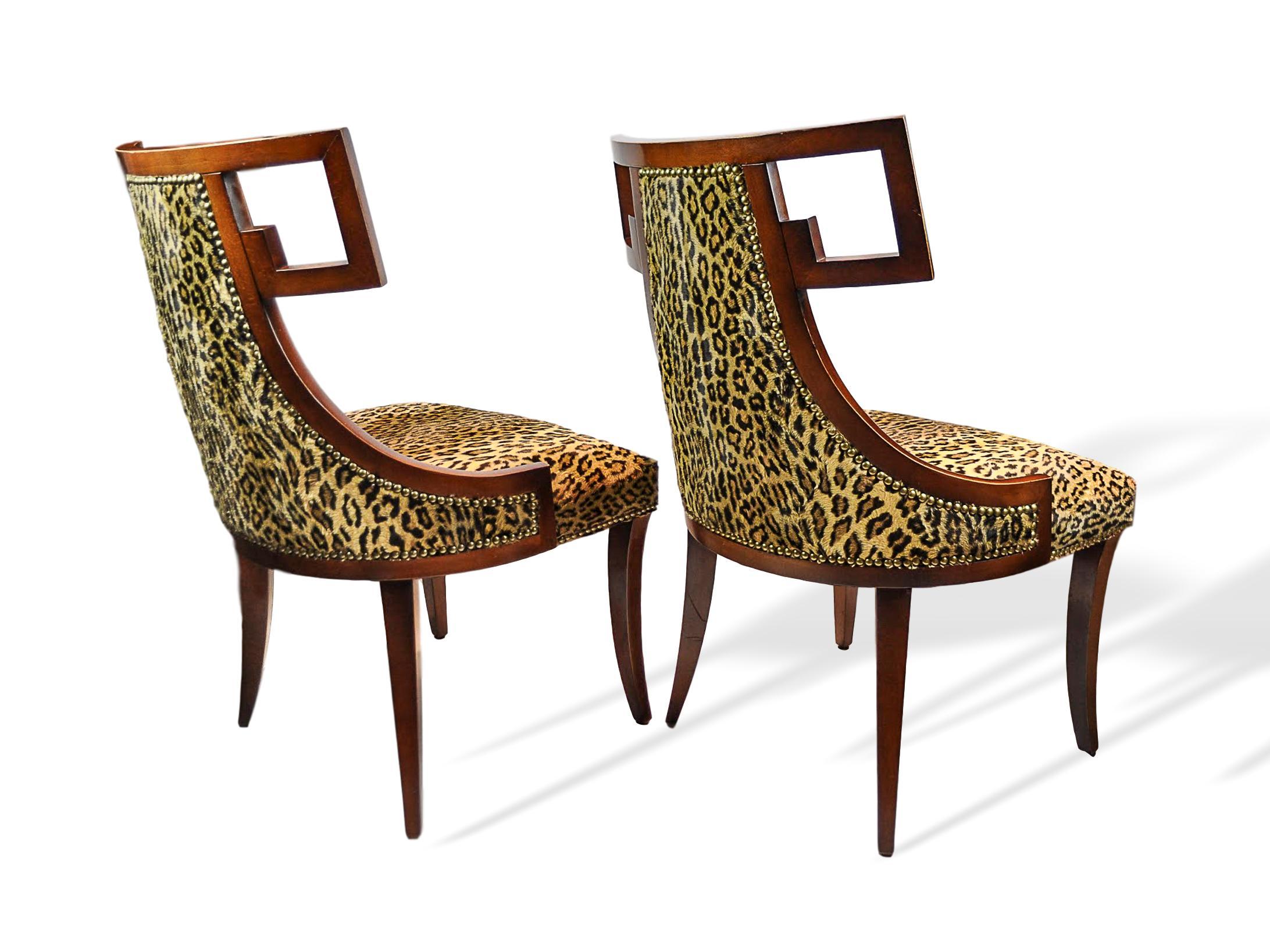 Pair of Baker Greek Key Chairs Newly Upholstered in Ralph Lauren Leopard Fabric In Good Condition For Sale In Banner Elk, NC