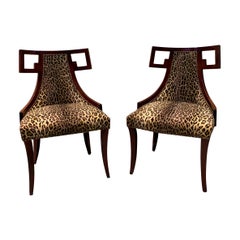 Retro Pair of Baker Greek Key Chairs Newly Upholstered in Ralph Lauren Leopard Fabric