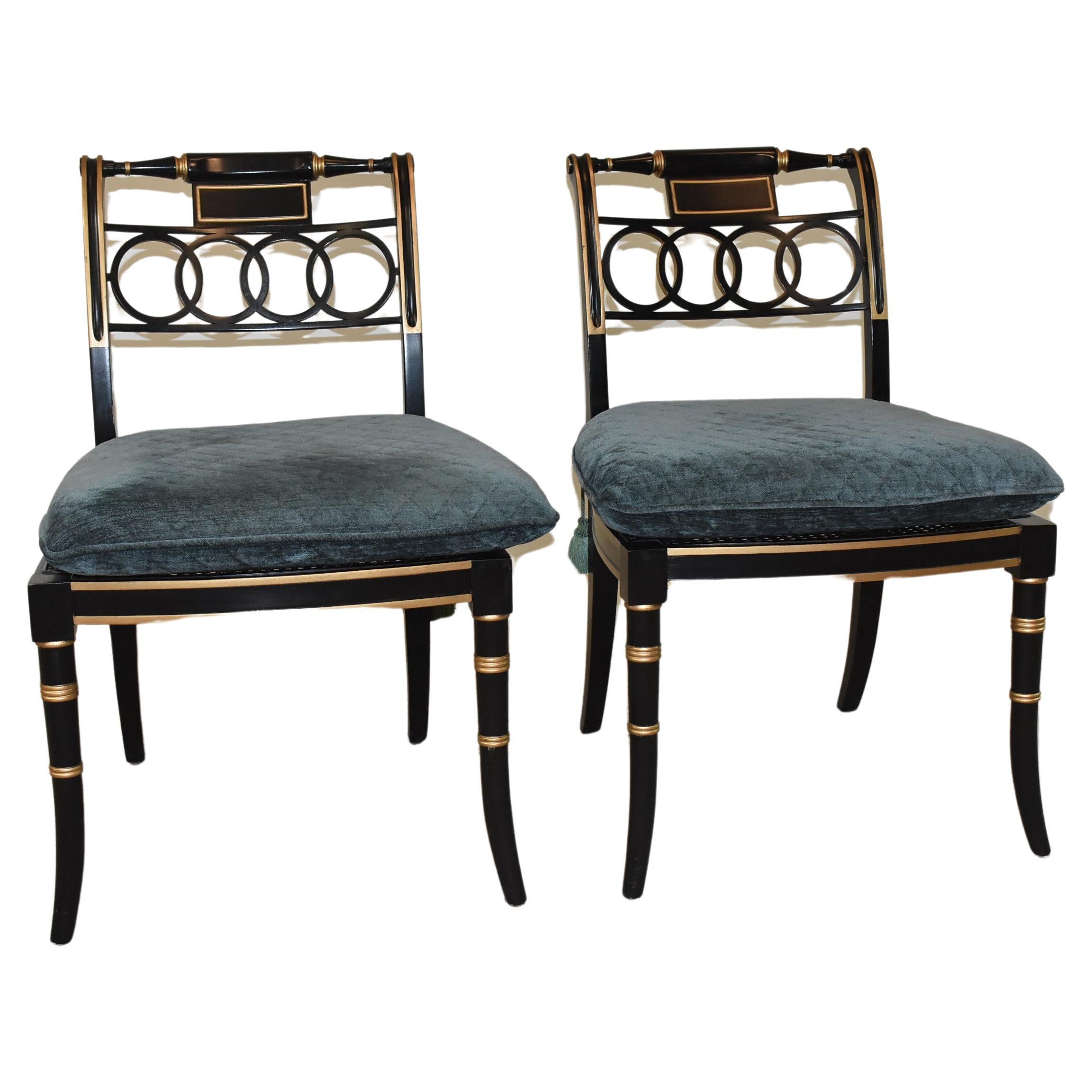 Pair of Baker Historic Charleston Black Lacquer Chairs   For Sale