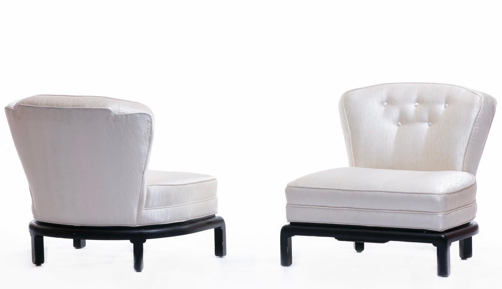 American Baker Ivory Satin Slipper Chairs Attributed to Michael Taylor, circa 1950s, Pair For Sale