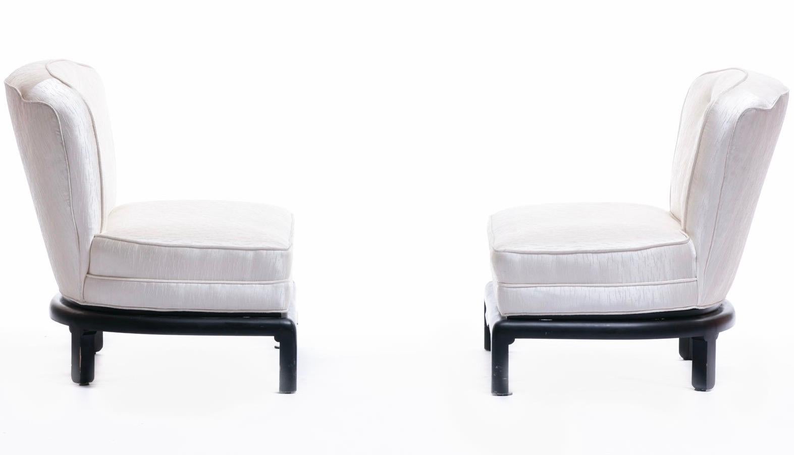 Lacquered Baker Ivory Satin Slipper Chairs Attributed to Michael Taylor, circa 1950s, Pair For Sale