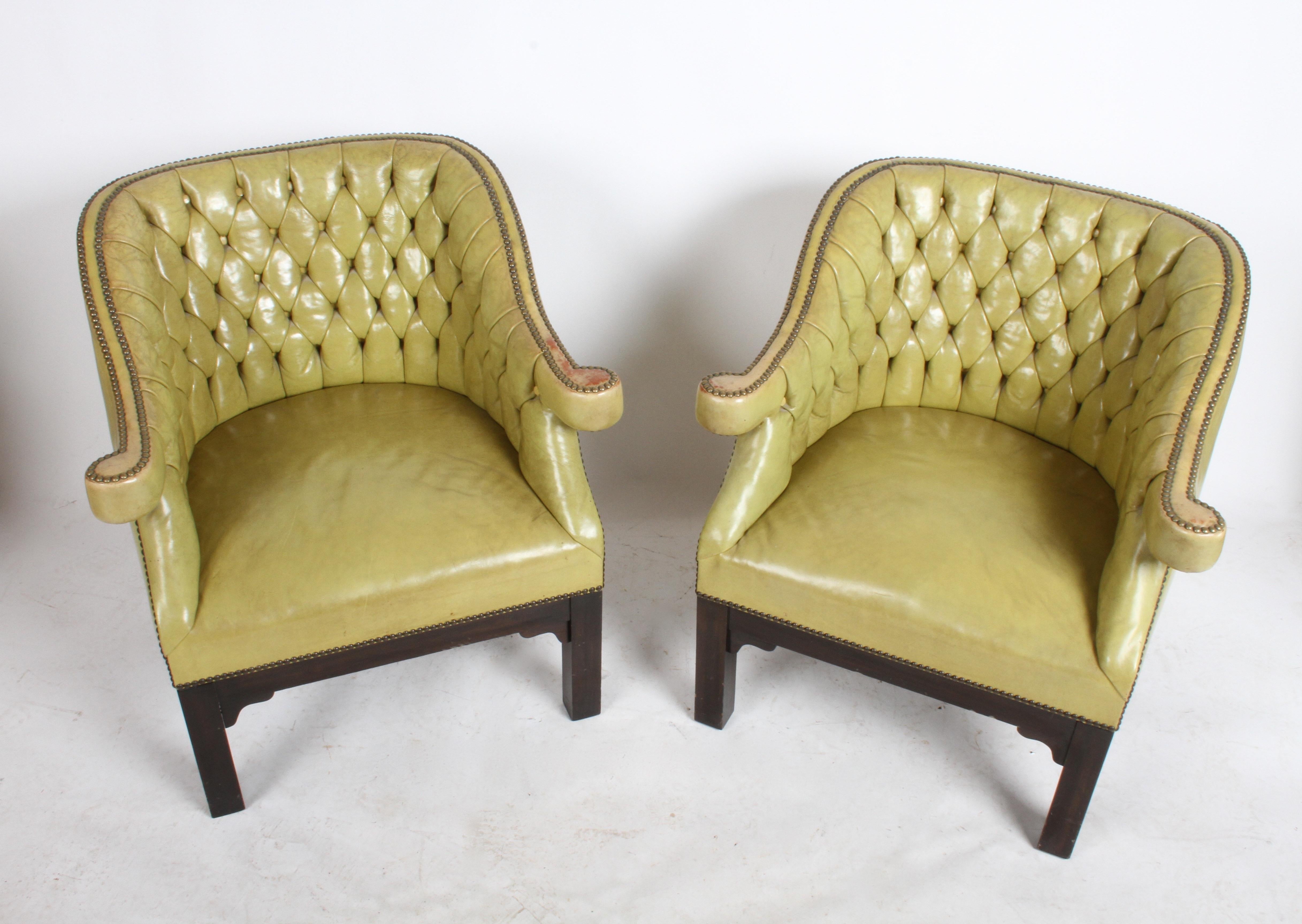 Pair of Baker Mid-Century Leather Tufted Lounge Chairs 2