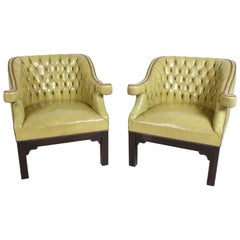 Pair of Baker Mid-Century Leather Tufted Lounge Chairs