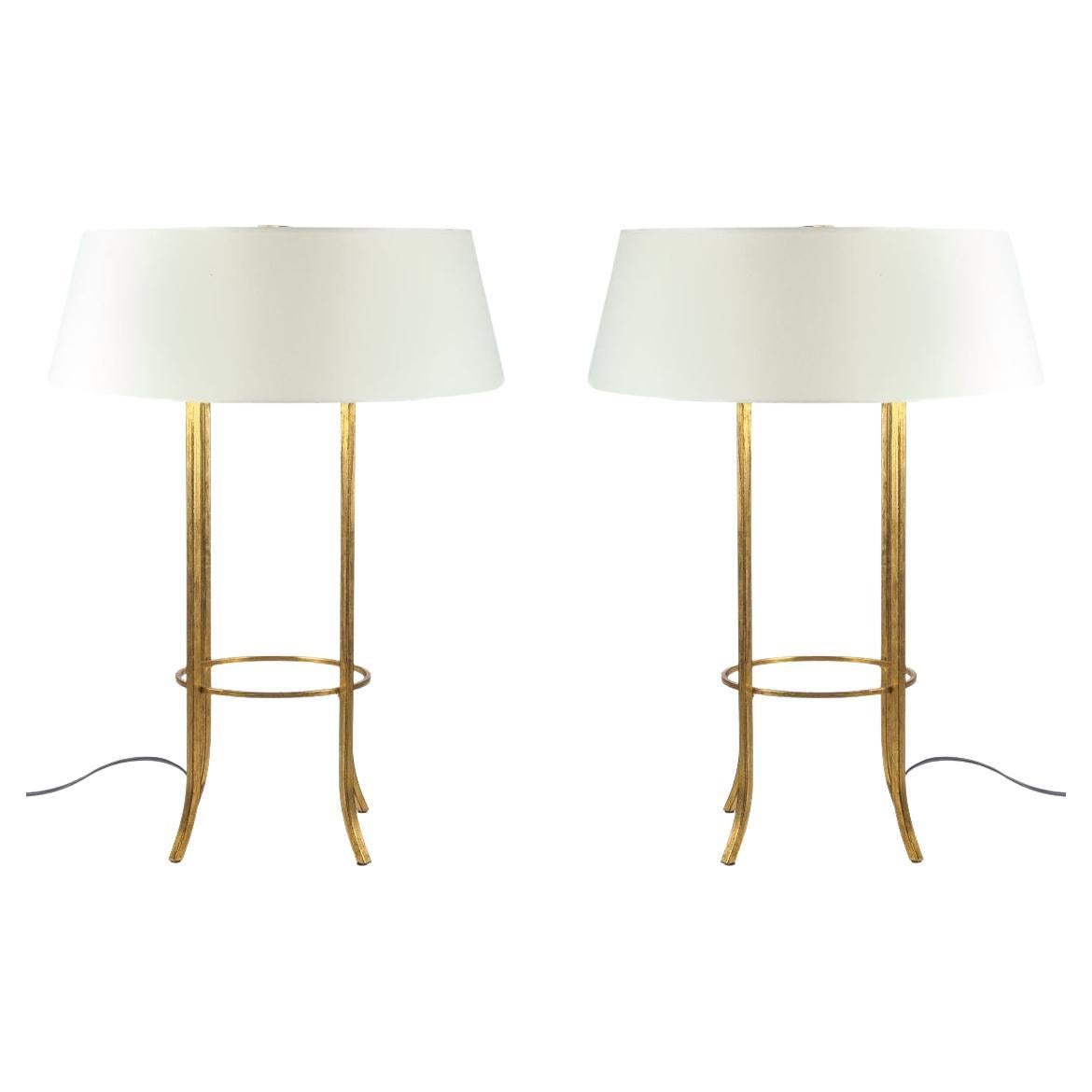 Pair Of Baker Milling Road Gold Leaf Metal Cage Table Lamps With Shades For Sale
