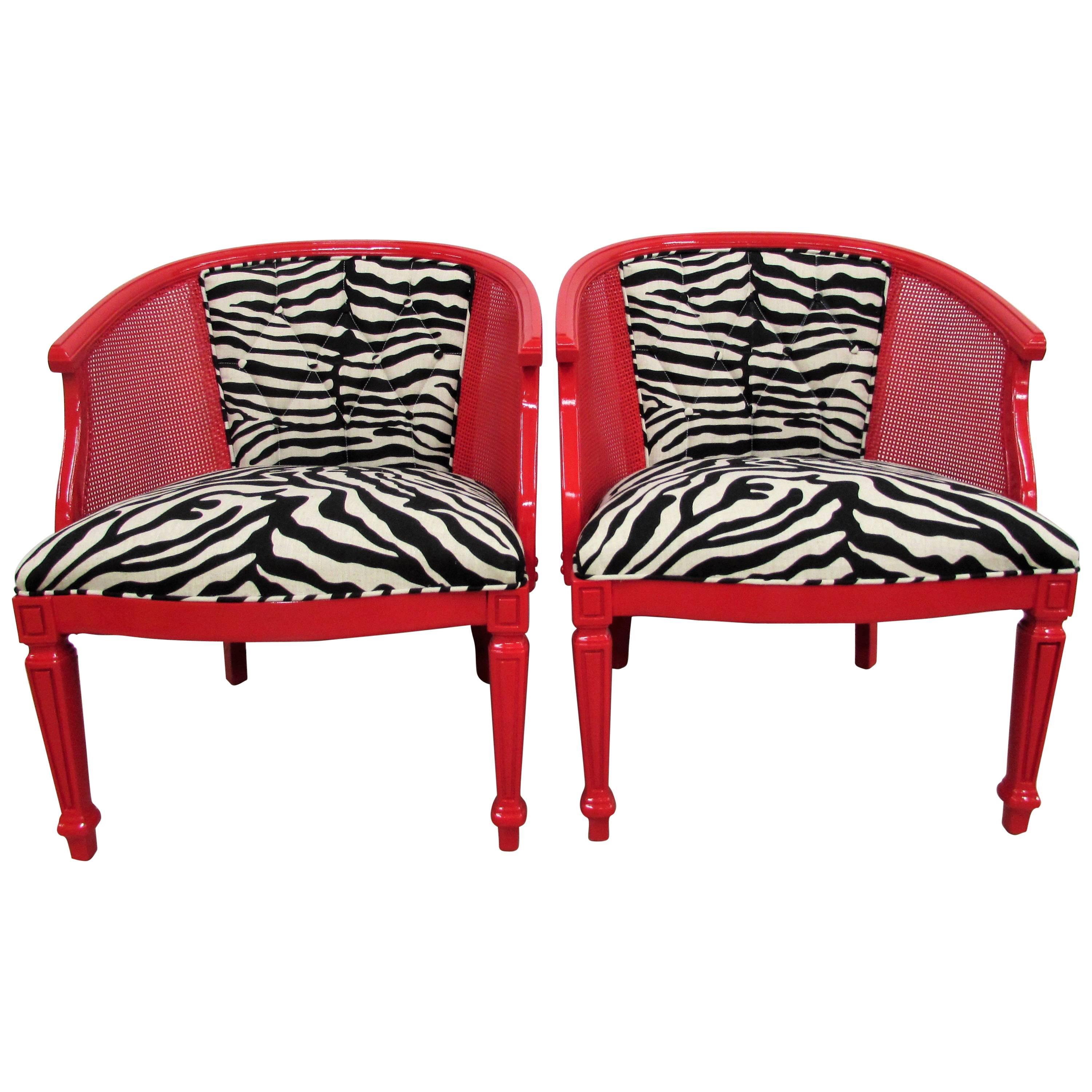 Pair of Baker-Style Barrel Back Cane and Lacquered Chairs  For Sale