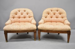 Pair of Baker Tufted Barrel Back Slipper Salon Lounge Chairs Brass Feet